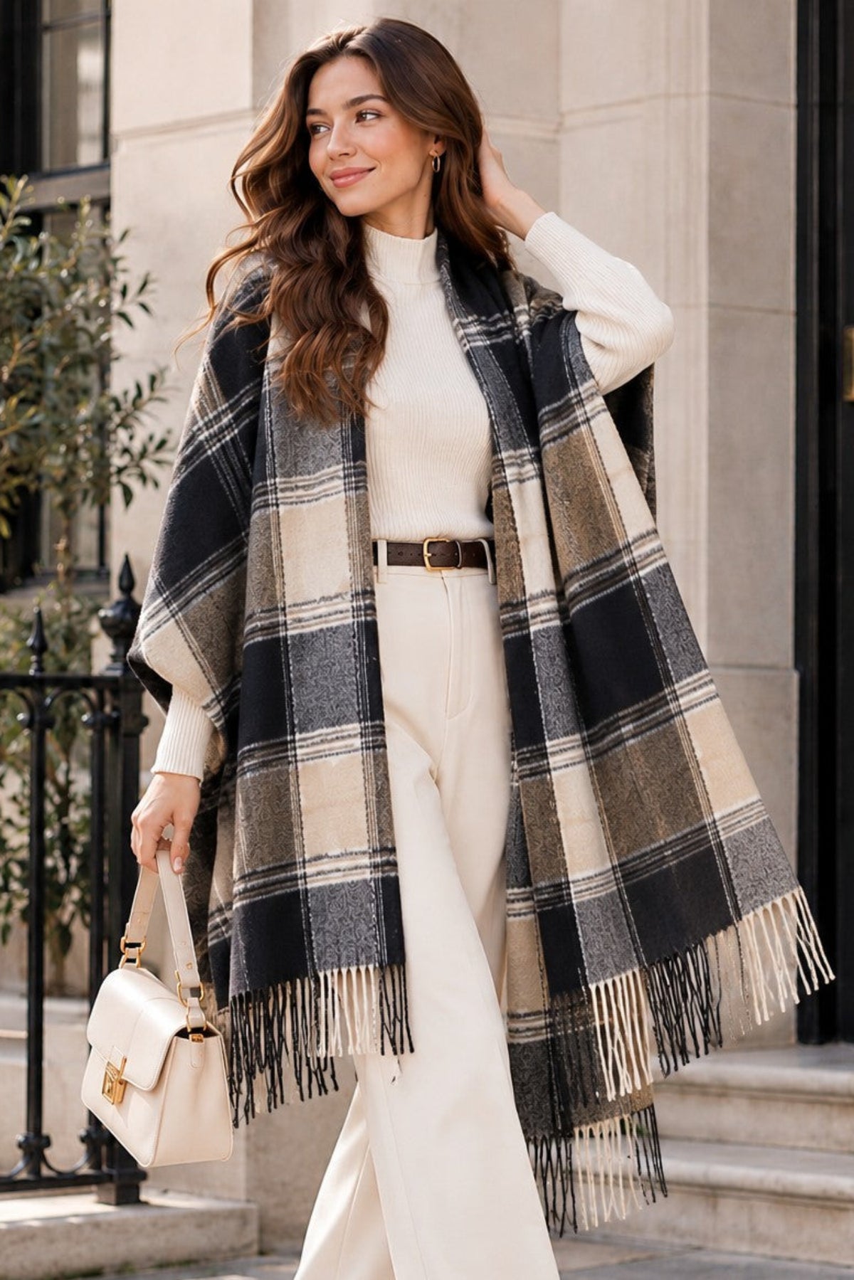 Women's Plaid Faux Cashmere Scarf – Soft Checkered Winter Wrap with Tassels