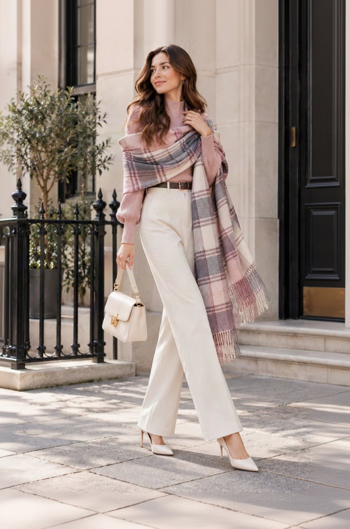 Women's Plaid Faux Cashmere Scarf – Soft Checkered Winter Wrap with Tassels