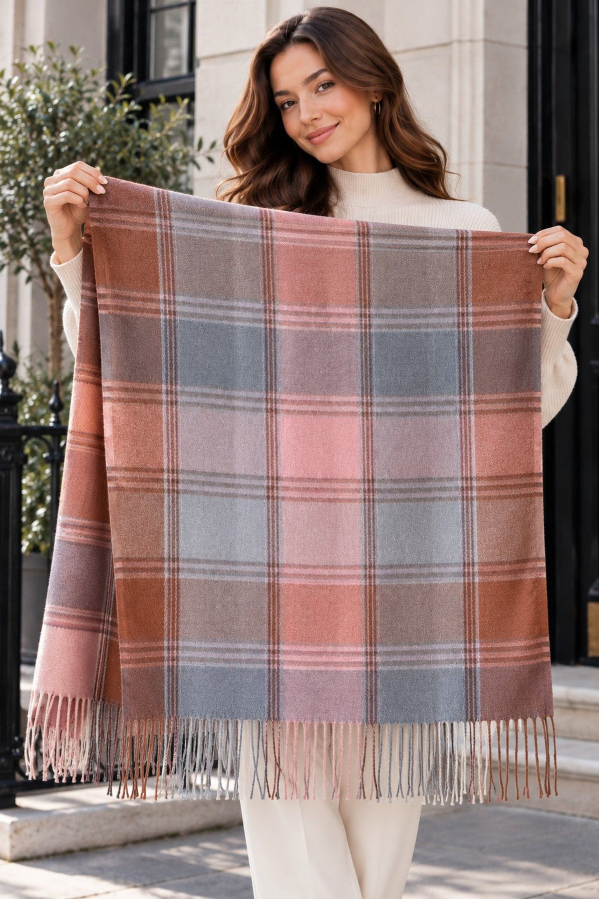 Women's Plaid Faux Cashmere Scarf – Soft Checkered Winter Wrap with Tassels