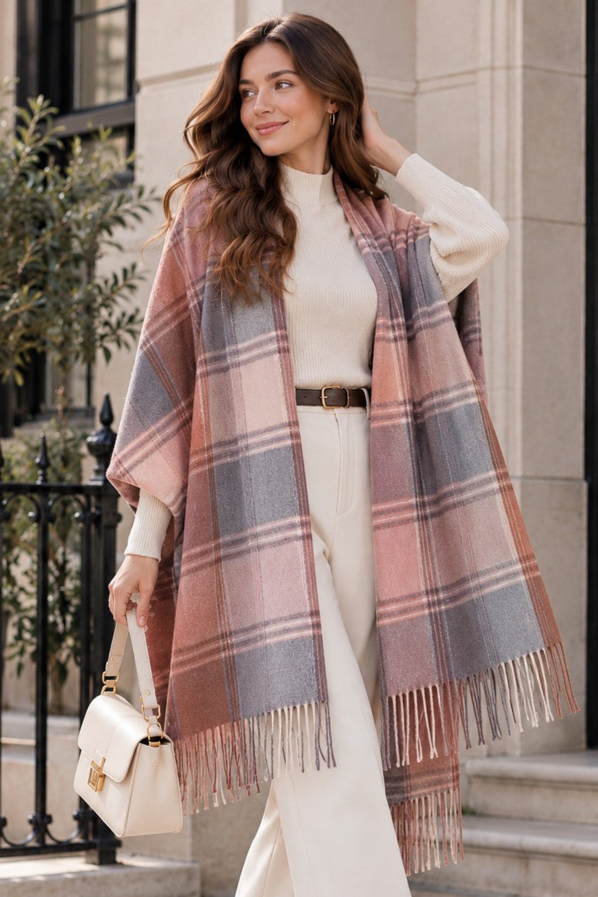 Women's Plaid Faux Cashmere Scarf – Soft Checkered Winter Wrap with Tassels