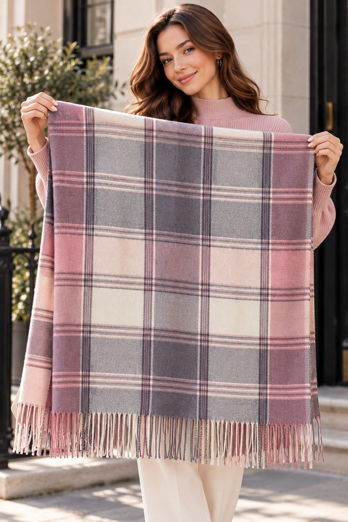 Women's Plaid Faux Cashmere Scarf – Soft Checkered Winter Wrap with Tassels