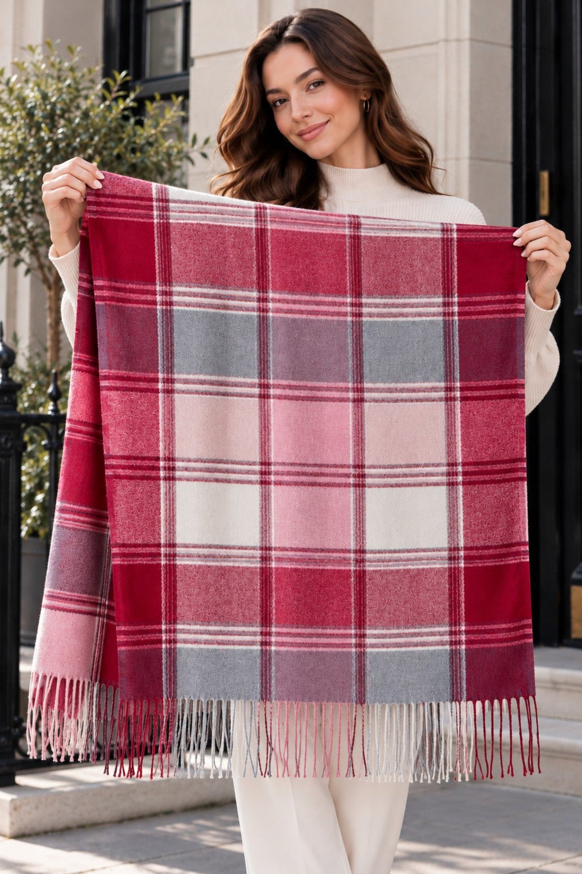 Women's Plaid Faux Cashmere Scarf – Soft Checkered Winter Wrap with Tassels