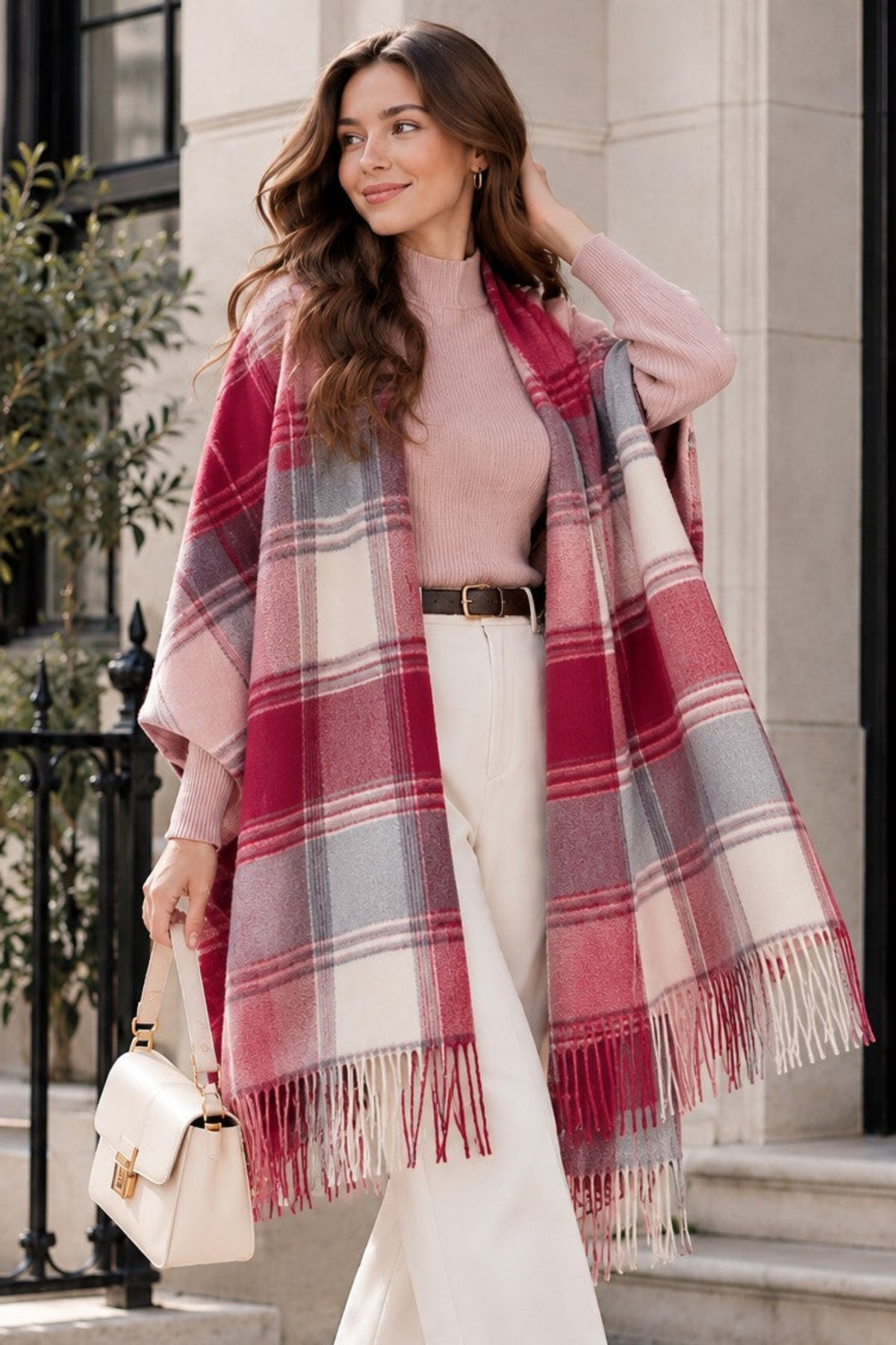 Women's Plaid Faux Cashmere Scarf – Soft Checkered Winter Wrap with Tassels