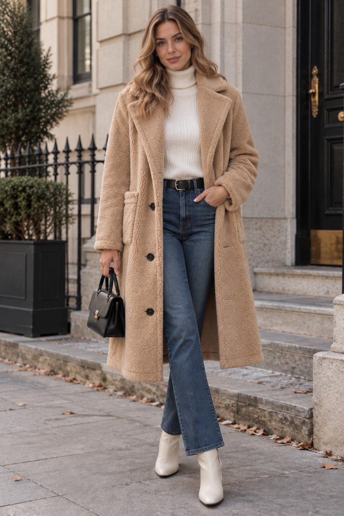 A woman stands on a city sidewalk wearing a long camel teddy coat over a white ribbed turtleneck, blue jeans, and white ankle boots, while holding a small black handbag.