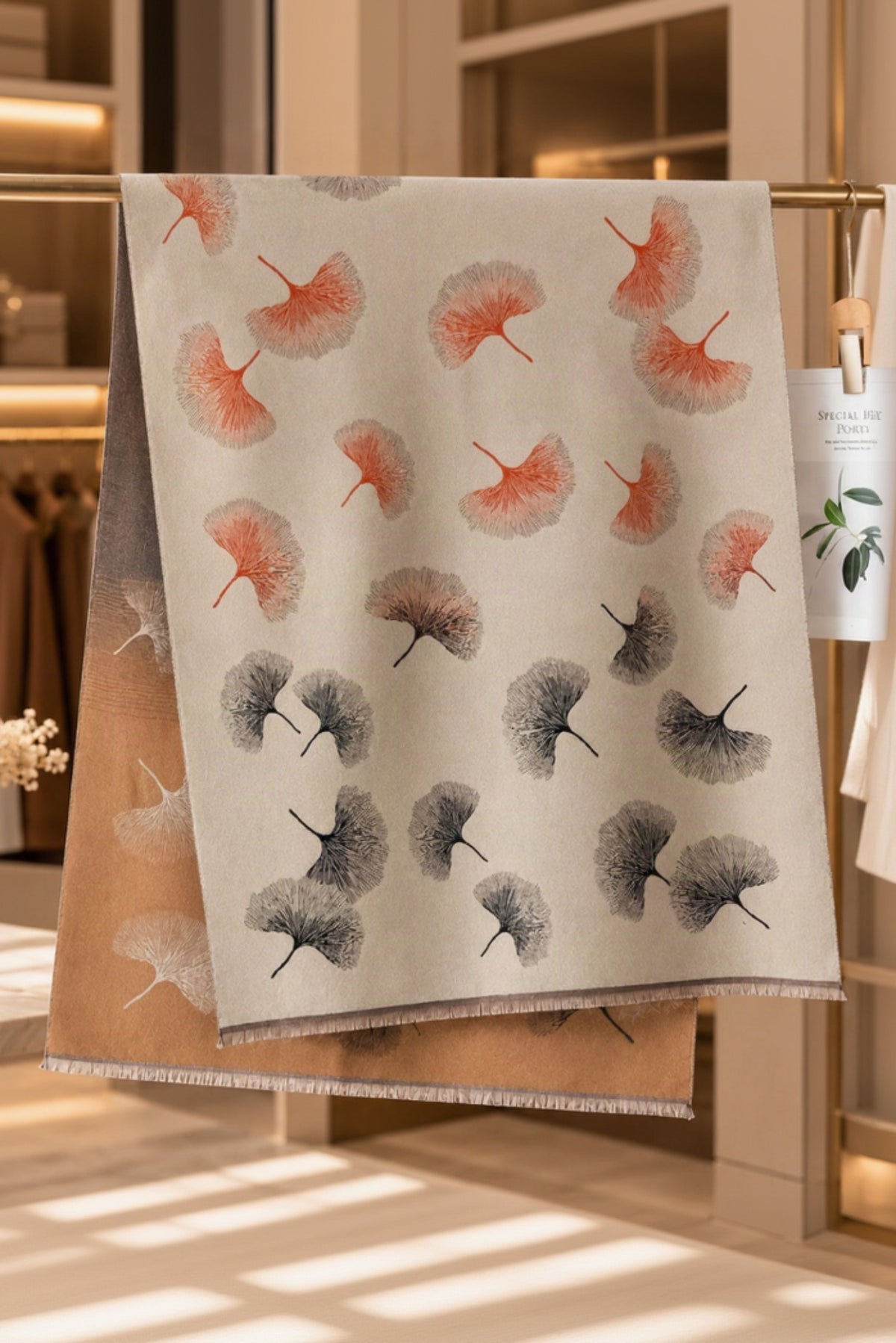 A beige scarf with a ginkgo leaf pattern in shades of gray and muted orange, draped over a clothing rack in a warm, modern boutique setting.