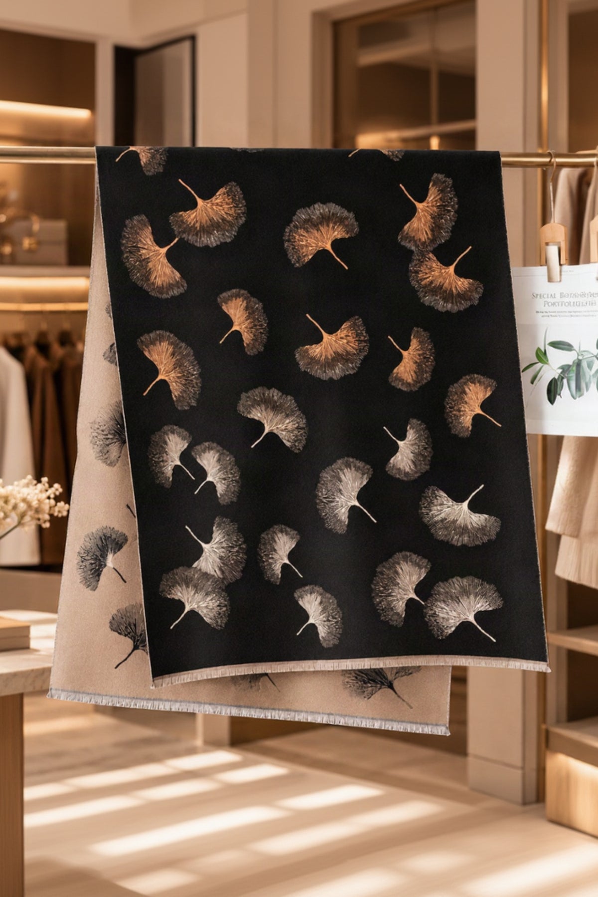 A black scarf draped over a clothing rack, featuring a repeating ginkgo leaf pattern in shades of brown, gray, and beige. A second view of the scarf is draped underneath, showing a light beige base with the same ginkgo pattern.