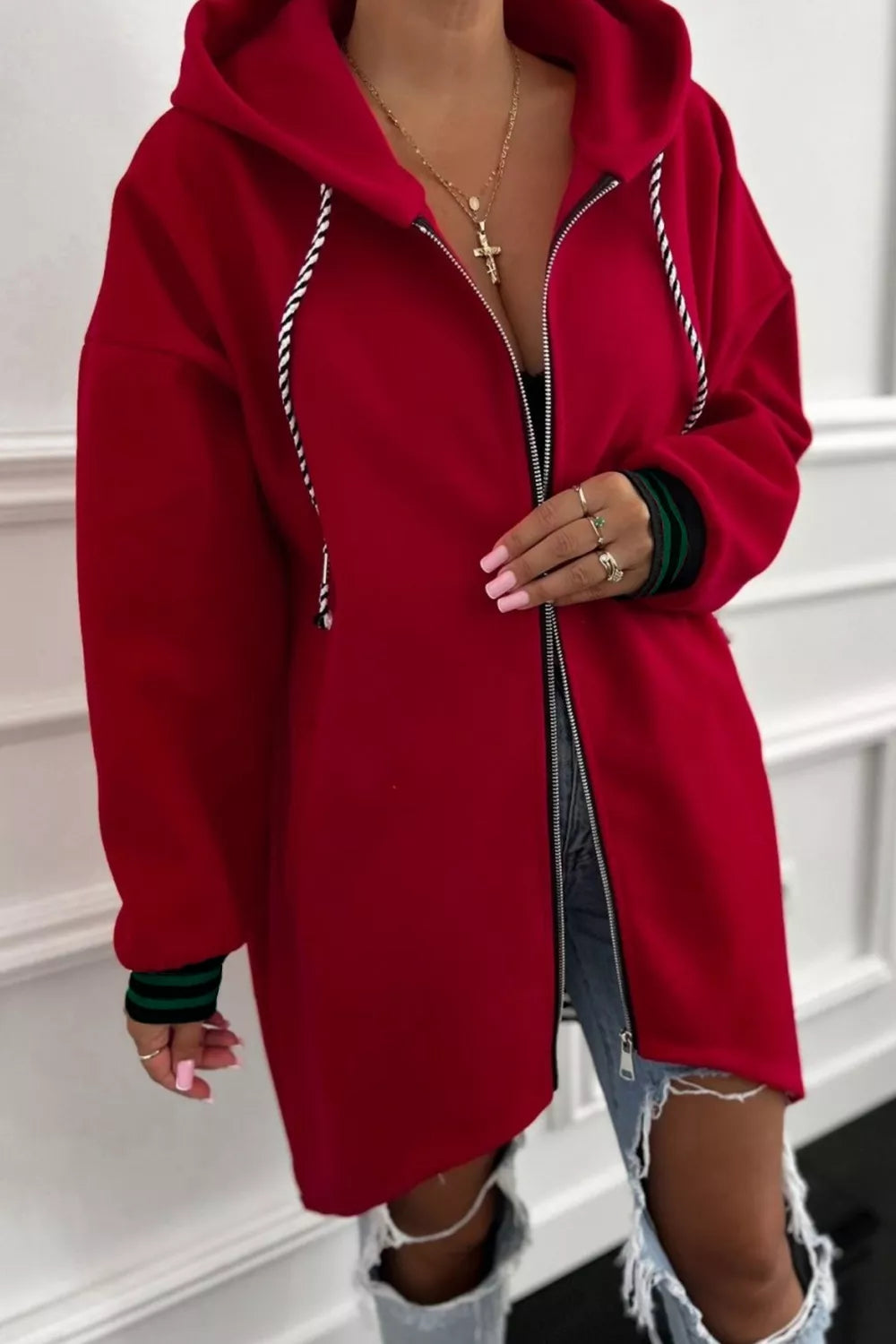 Women’s Red Casual Long Zip Hoodie Jacket