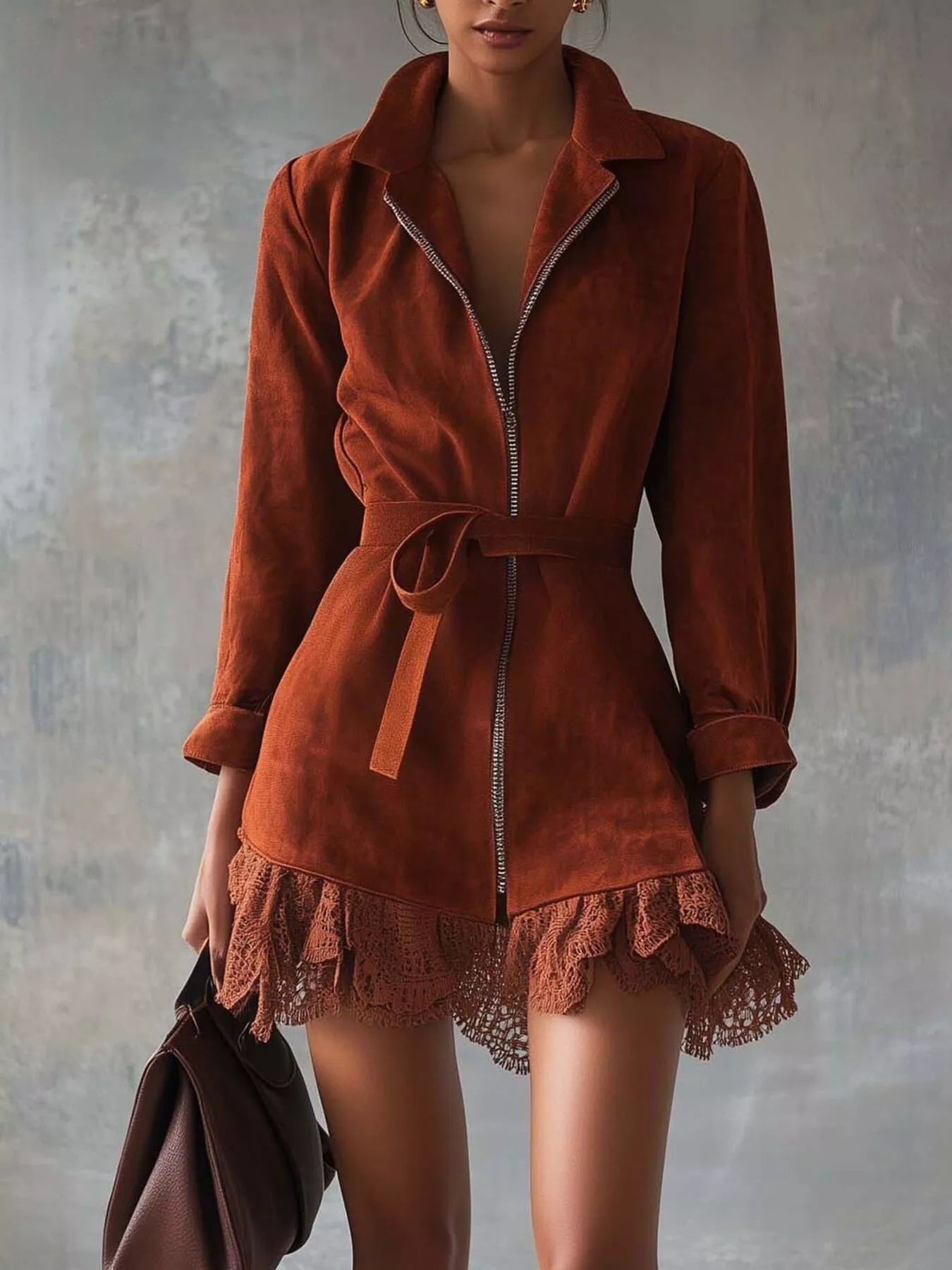 Women’s Red Front Zip Long Sleeve Lace Mini Dress | JLouren