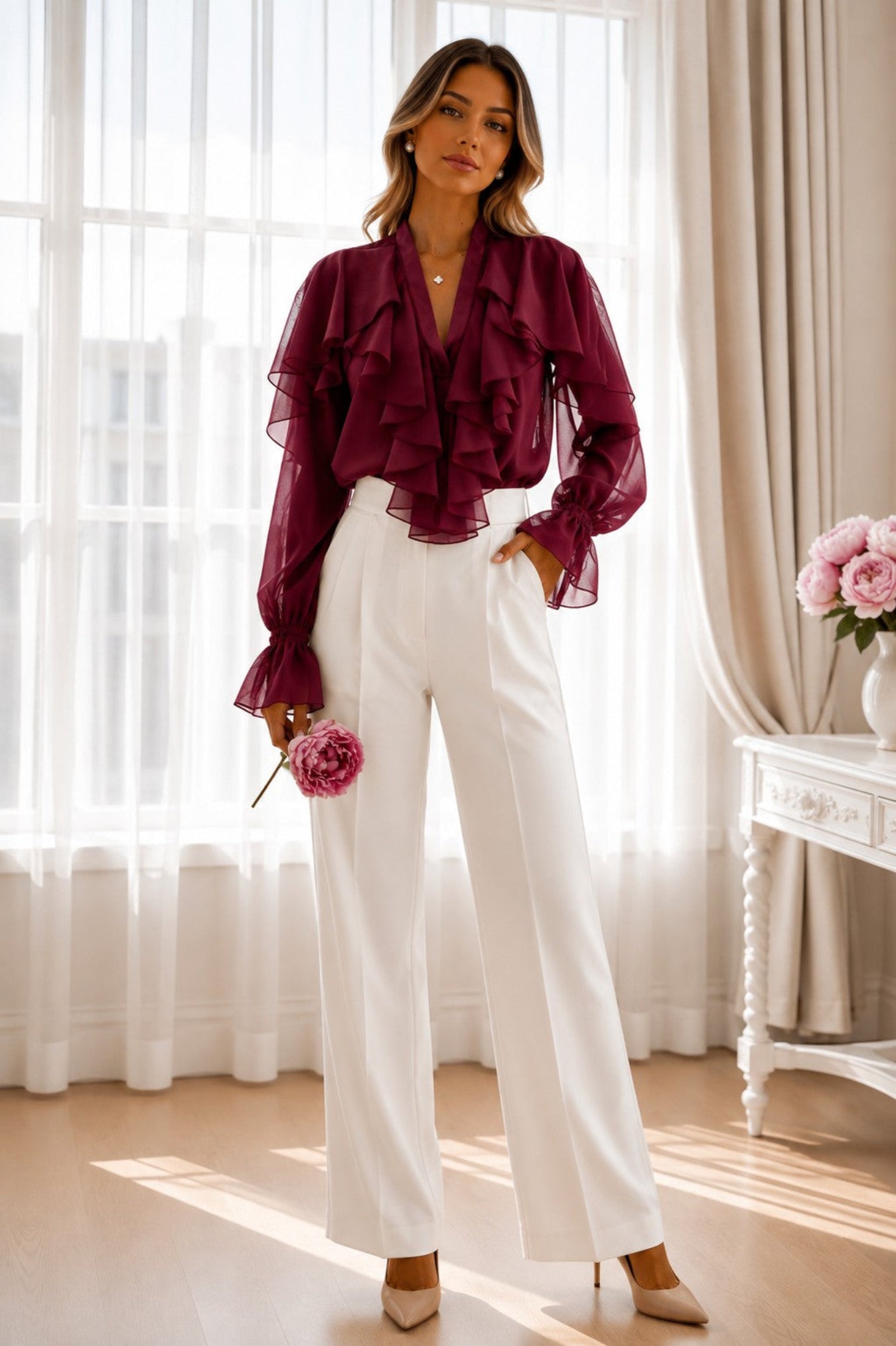 A woman stands in a bright room wearing a burgundy ruffled long-sleeve blouse and white wide-leg trousers, holding a pink flower. The background features sheer white curtains, beige drapes, and a white side table with pink flowers.
