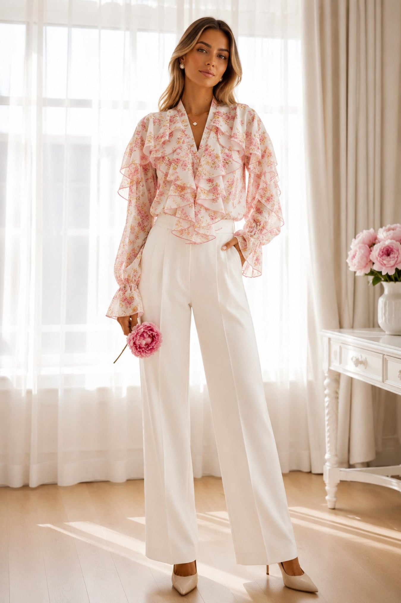 A woman stands in a bright room wearing a sheer long-sleeve blouse with a pink floral print and white wide-leg trousers, holding a pink flower. She is posed in front of white curtains and a small white table with flowers.