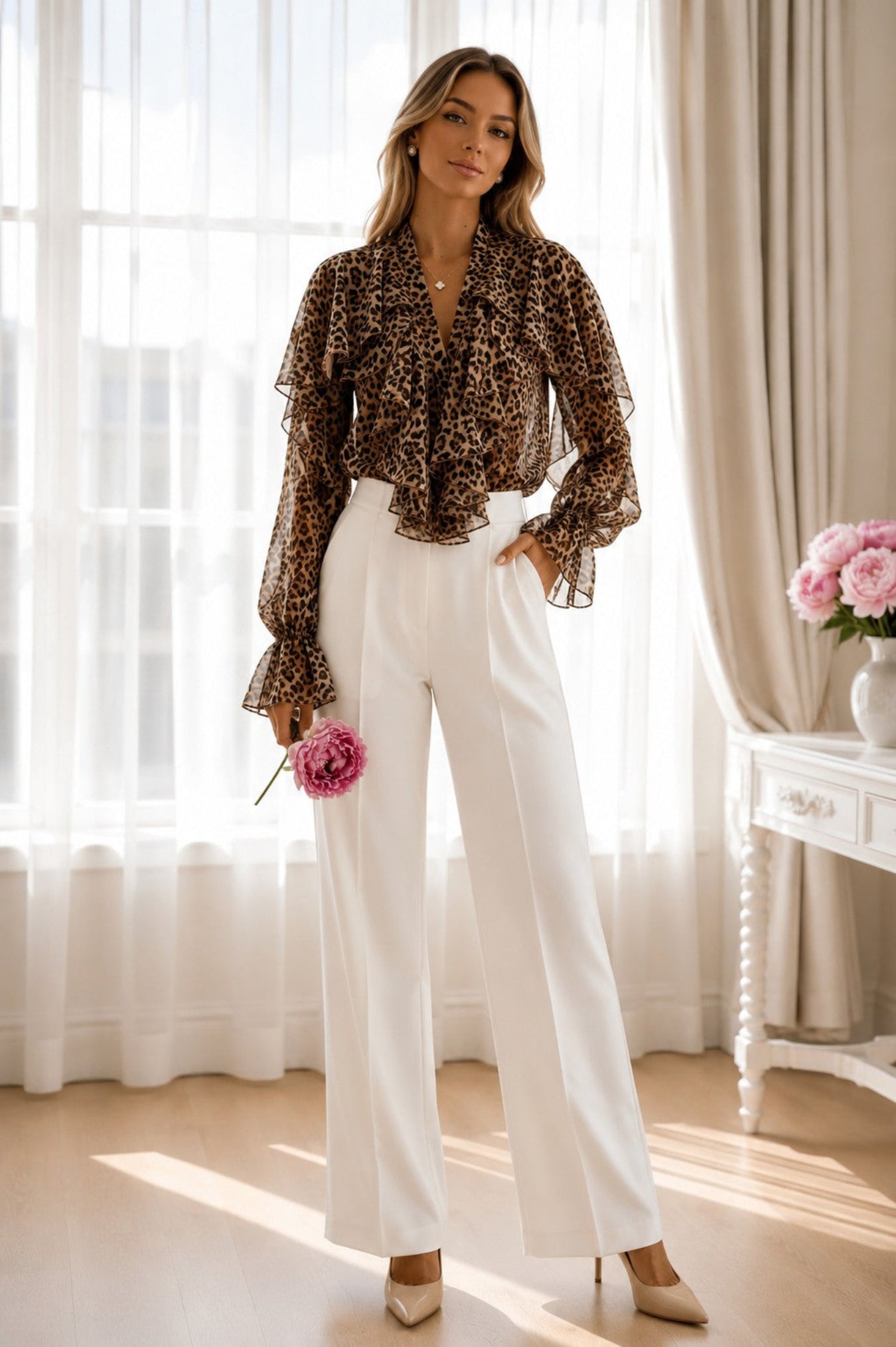 A woman stands in a bright room wearing a leopard-print long-sleeve blouse with ruffled layers and white wide-leg trousers, holding a pink flower.