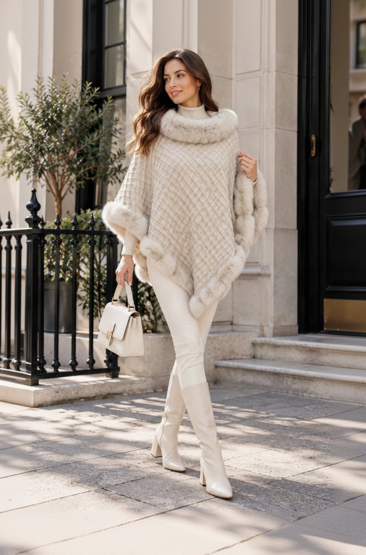 Women's Textured Faux Fur Trim Poncho Cape – Elegant Winter Shawl Wrap