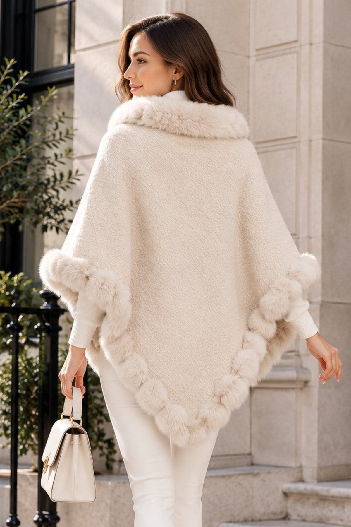 Women's Textured Faux Fur Trim Poncho Cape – Elegant Winter Shawl Wrap