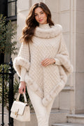 Women's Textured Faux Fur Trim Poncho Cape – Elegant Winter Shawl Wrap