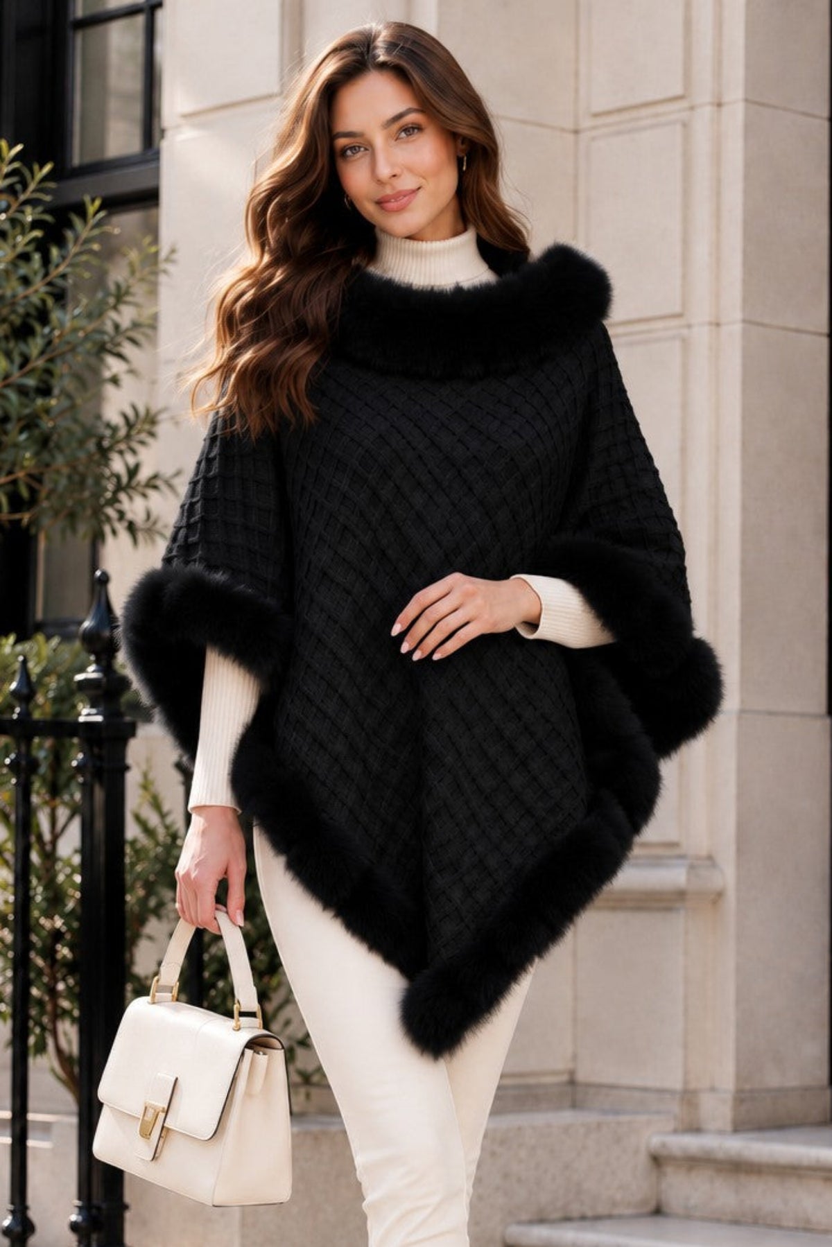 Women's Textured Faux Fur Trim Poncho Cape – Elegant Winter Shawl Wrap