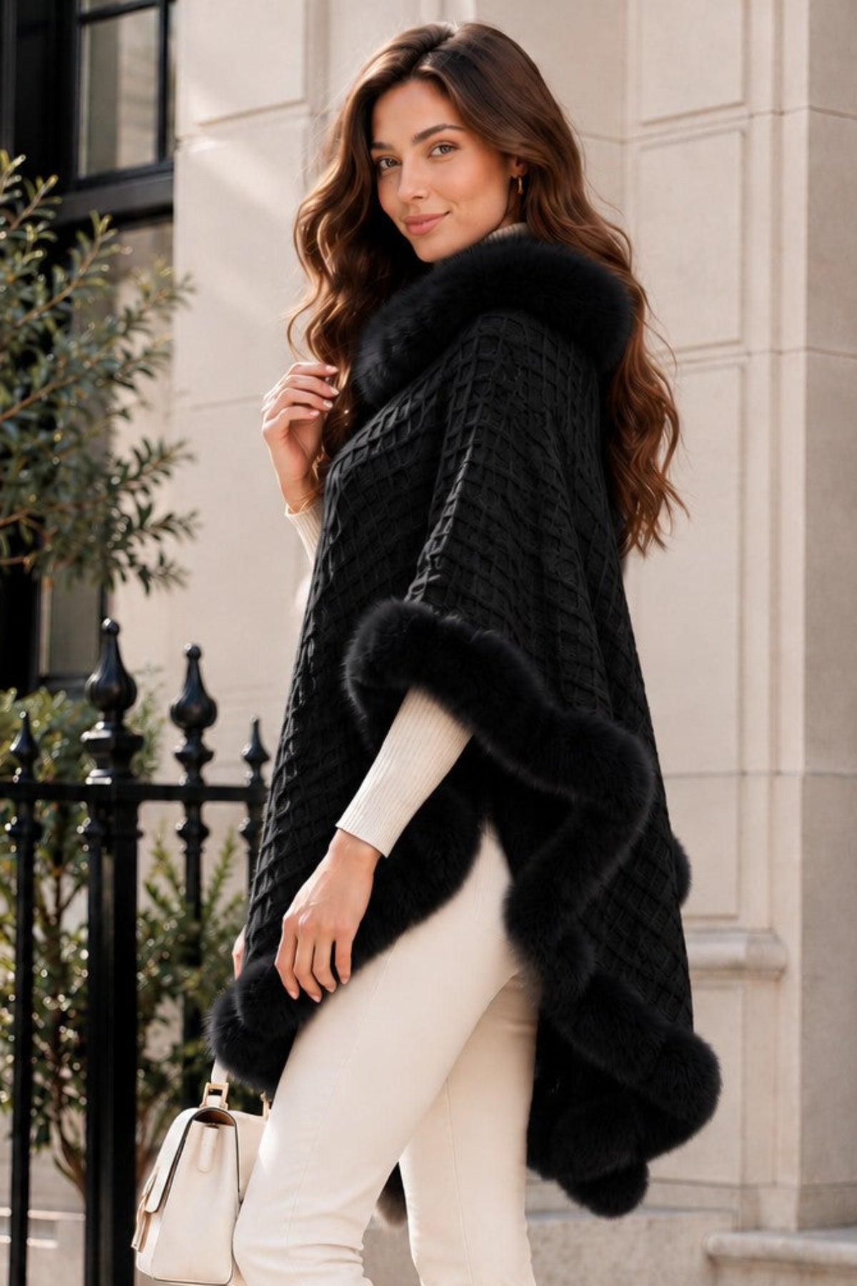 Women's Textured Faux Fur Trim Poncho Cape – Elegant Winter Shawl Wrap