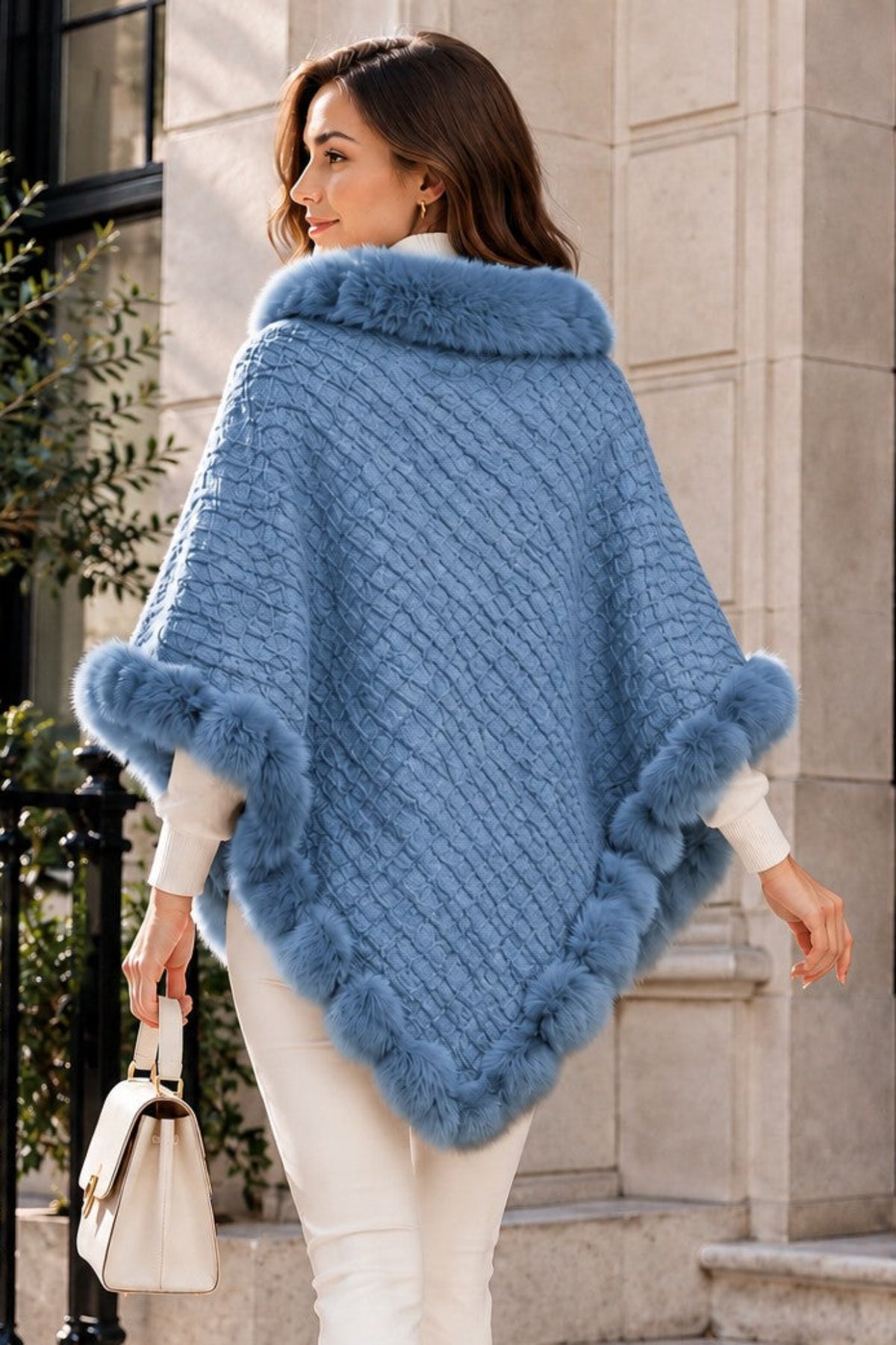 Women's Textured Faux Fur Trim Poncho Cape – Elegant Winter Shawl Wrap