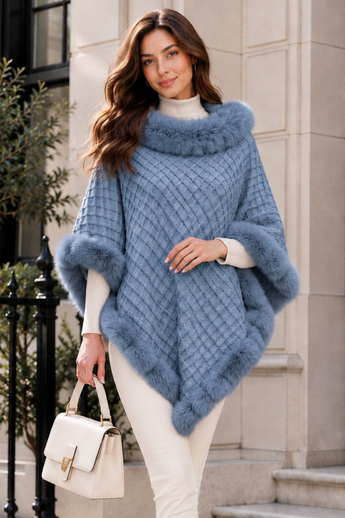 Women's Textured Faux Fur Trim Poncho Cape – Elegant Winter Shawl Wrap