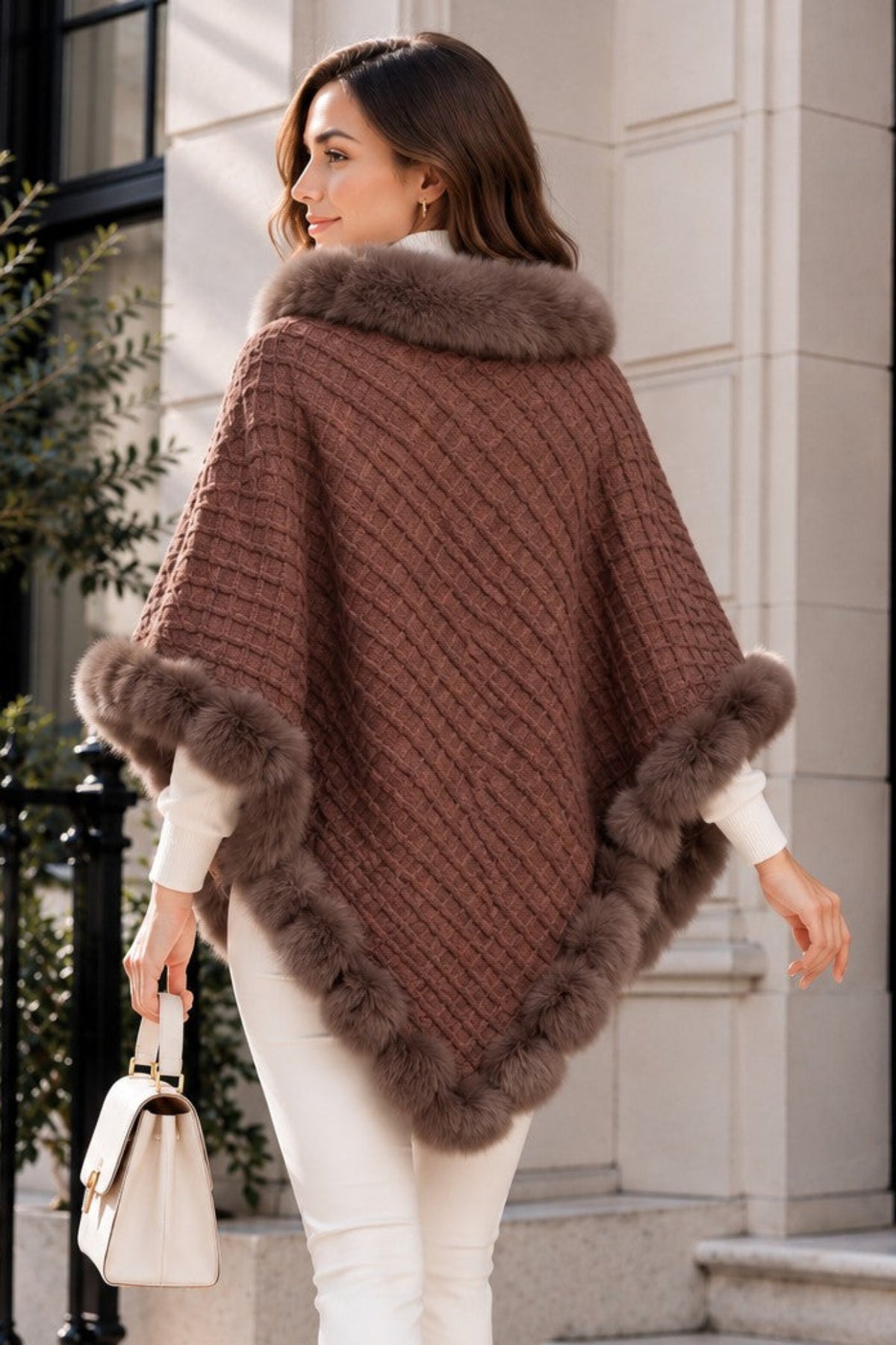 Women's Textured Faux Fur Trim Poncho Cape – Elegant Winter Shawl Wrap