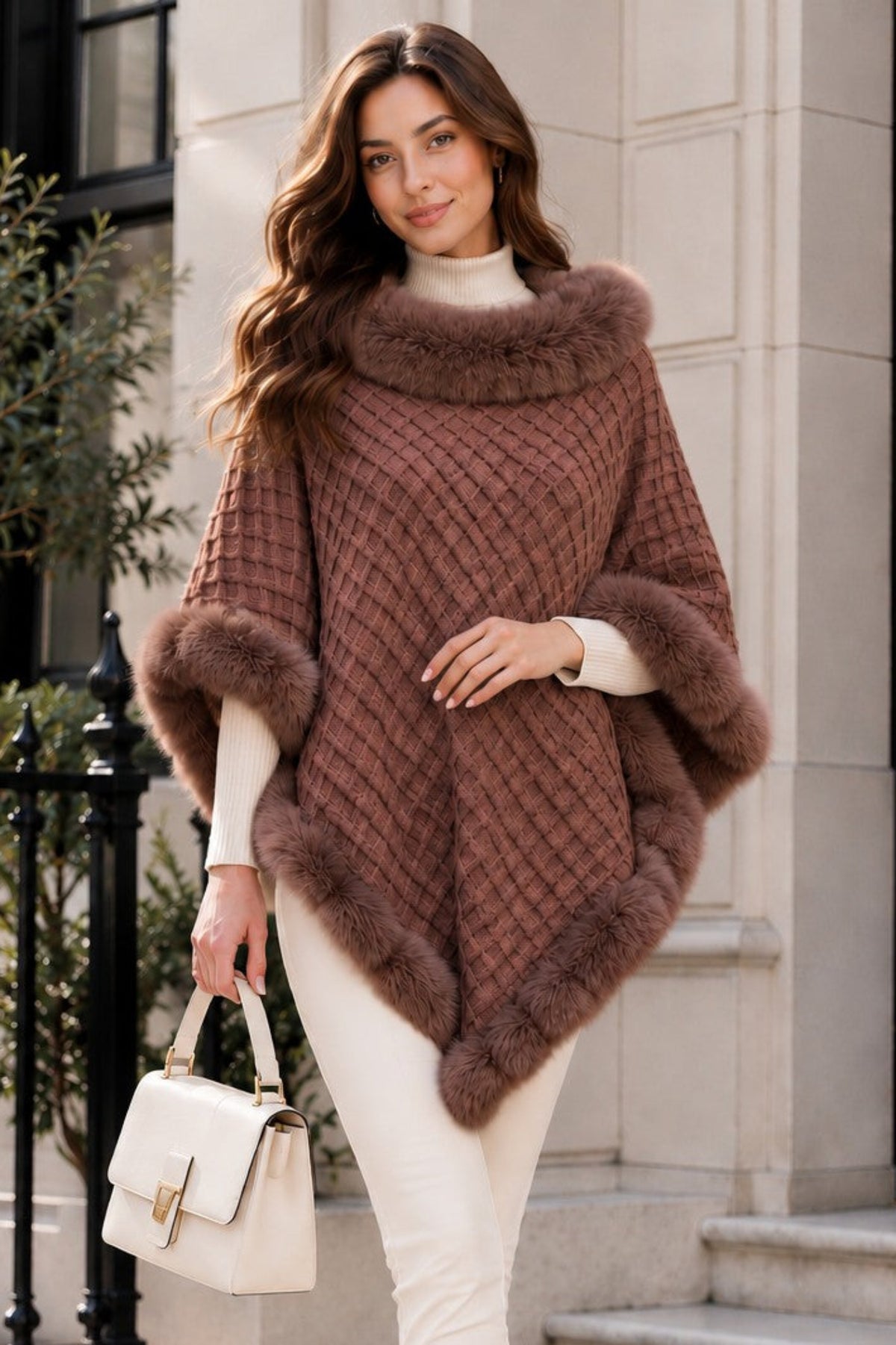 Women's Textured Faux Fur Trim Poncho Cape – Elegant Winter Shawl Wrap