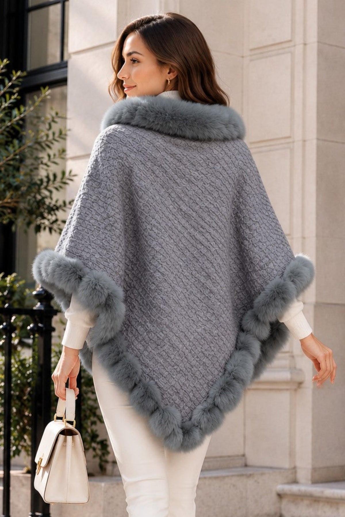Women's Textured Faux Fur Trim Poncho Cape – Elegant Winter Shawl Wrap