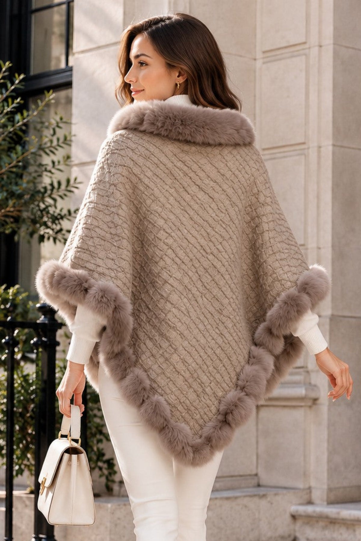 Women's Textured Faux Fur Trim Poncho Cape – Elegant Winter Shawl Wrap