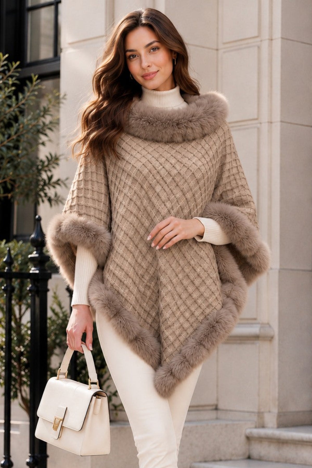 Women's Textured Faux Fur Trim Poncho Cape – Elegant Winter Shawl Wrap
