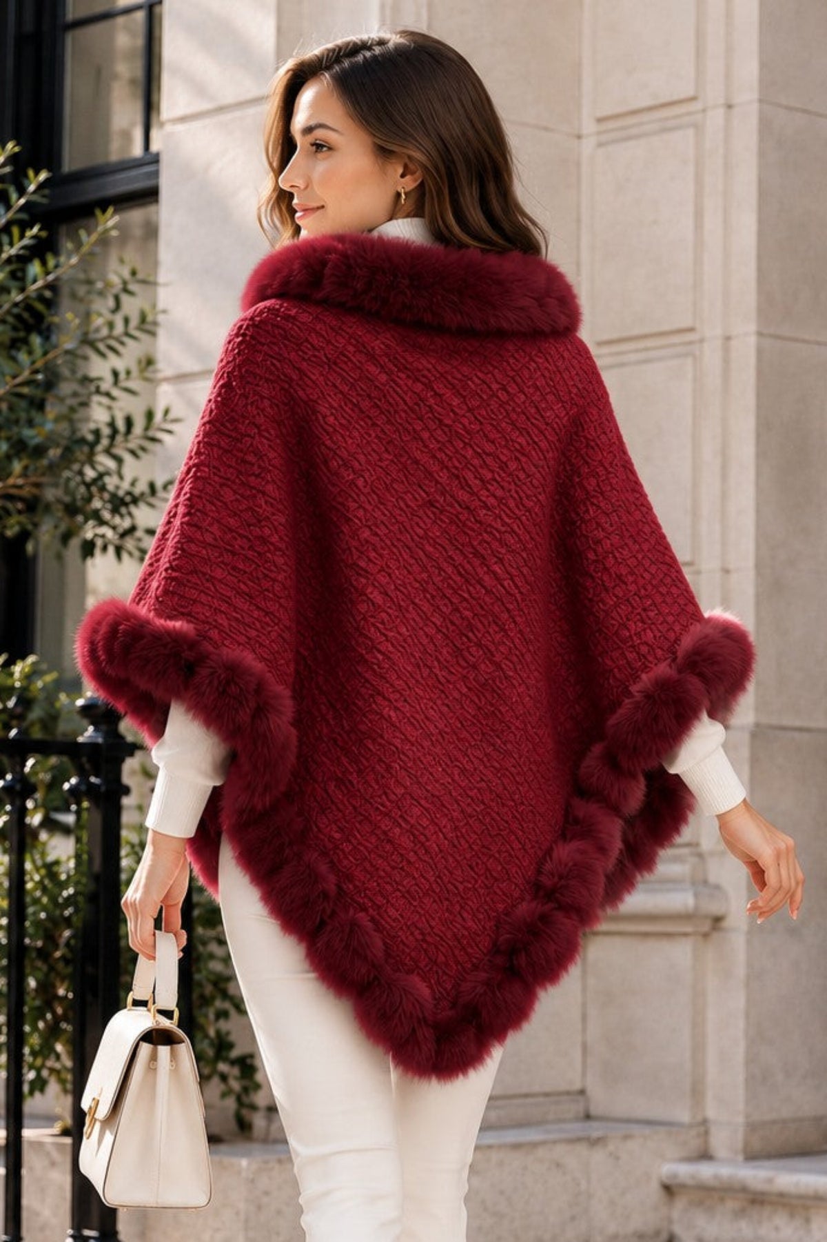 Women's Textured Faux Fur Trim Poncho Cape – Elegant Winter Shawl Wrap