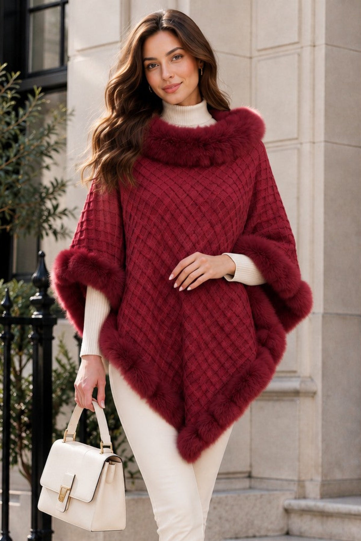 Women's Textured Faux Fur Trim Poncho Cape – Elegant Winter Shawl Wrap