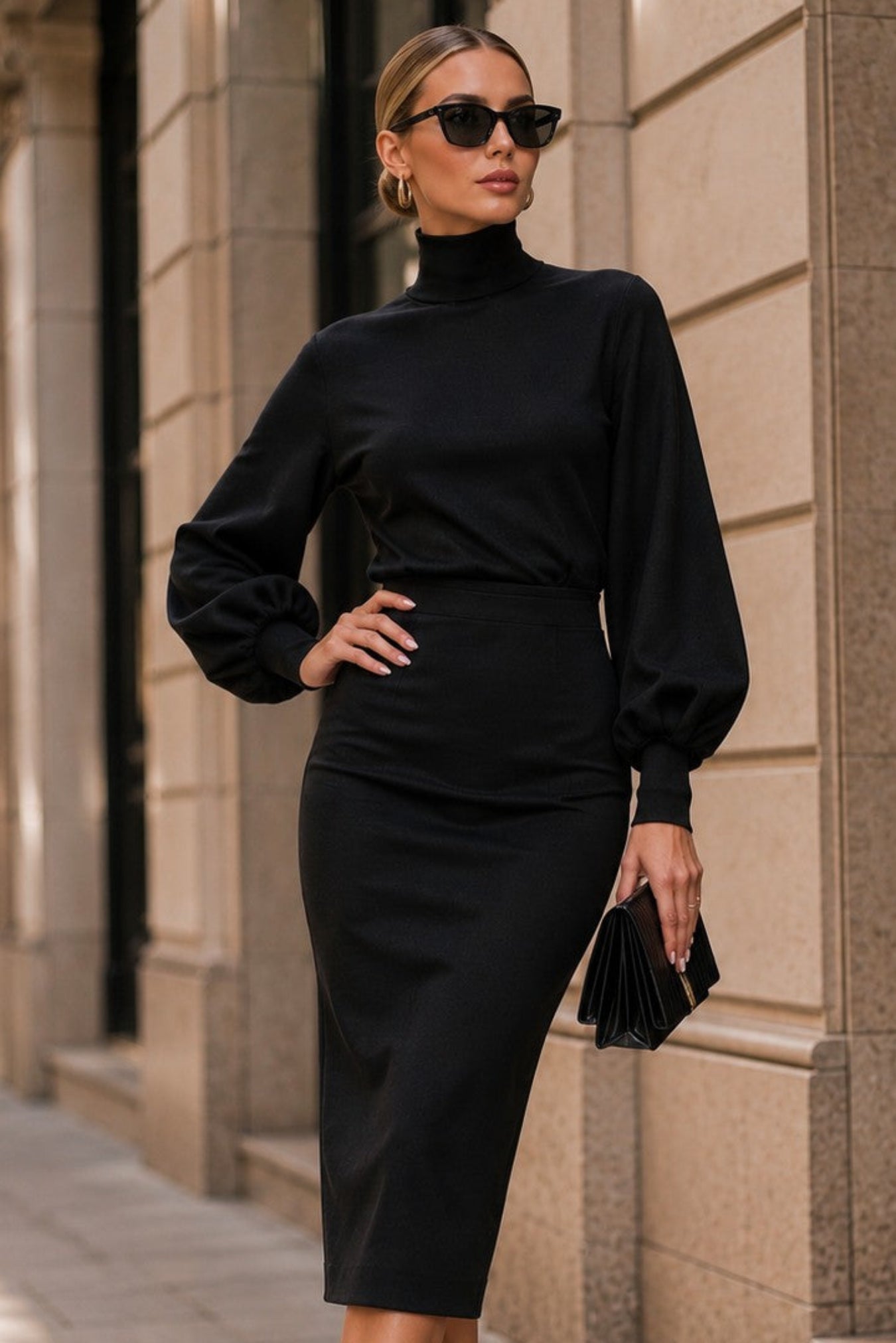 A woman stands on a city sidewalk wearing a fitted black long-sleeve midi dress with a high neck and waist seam, paired with black pointed heels and holding a small black clutch.