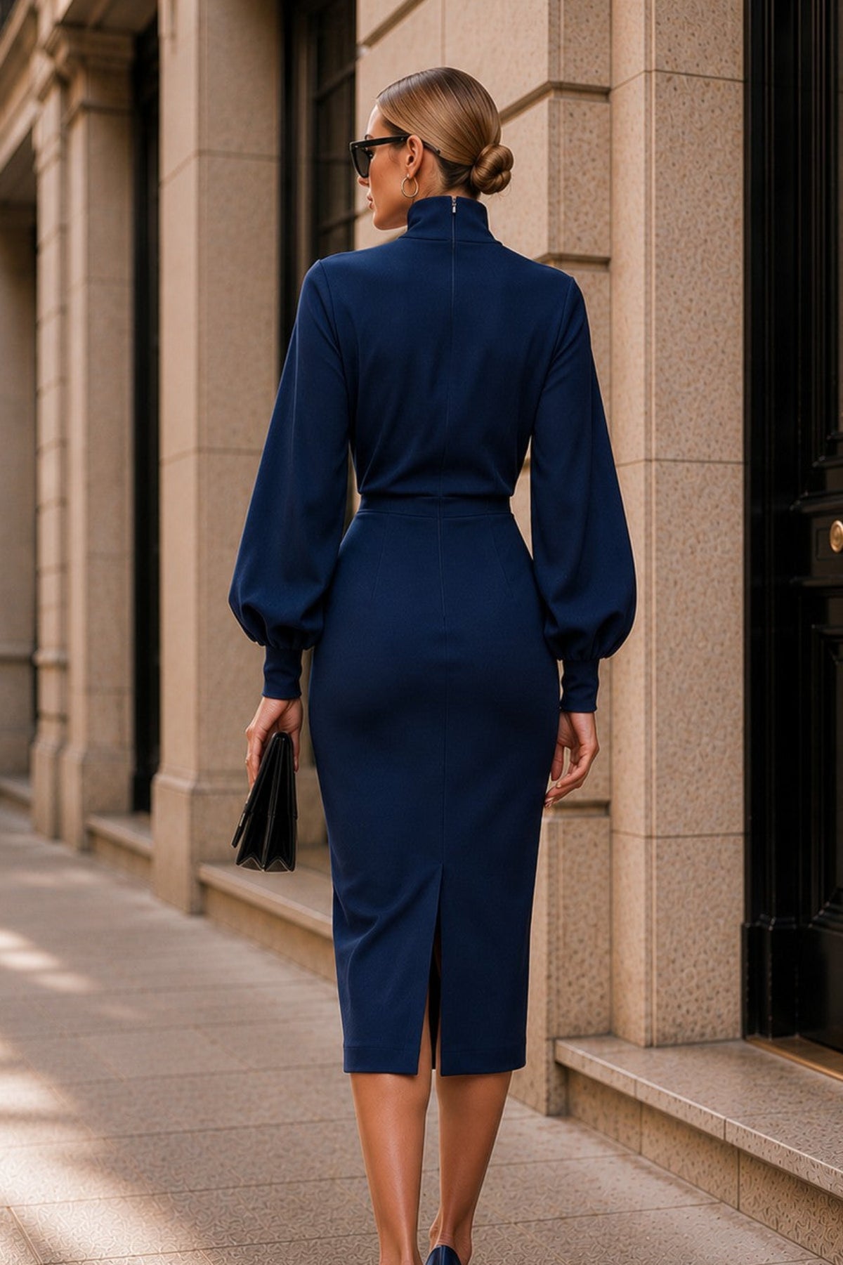 A woman viewed from behind wearing a navy blue mock-neck midi dress with balloon sleeves and a front slit, walking on a stone sidewalk next to a building.