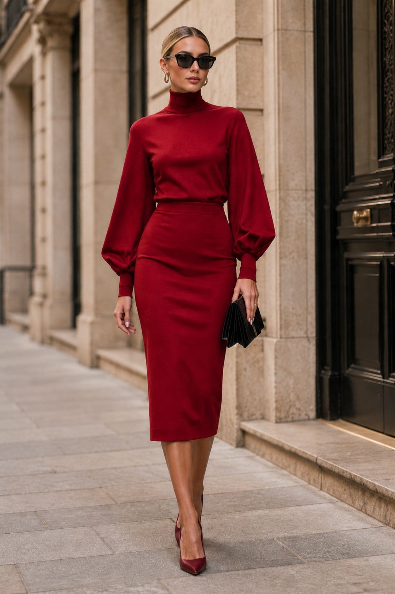 A woman models a deep red long-sleeve midi dress with balloon sleeves and a fitted waist, styled with black sunglasses, a black clutch, and matching red heels on a city sidewalk.