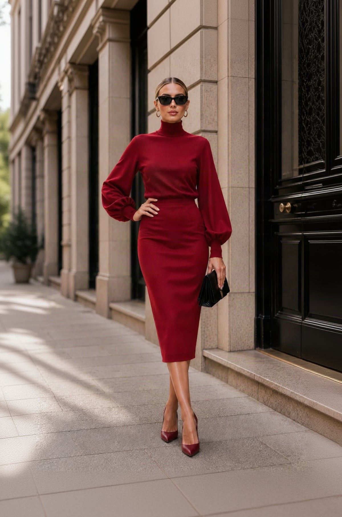 A woman stands on a city sidewalk wearing a fitted, long-sleeve midi dress in deep burgundy red. The dress has a high mock neck, balloon sleeves, and a defined waist.