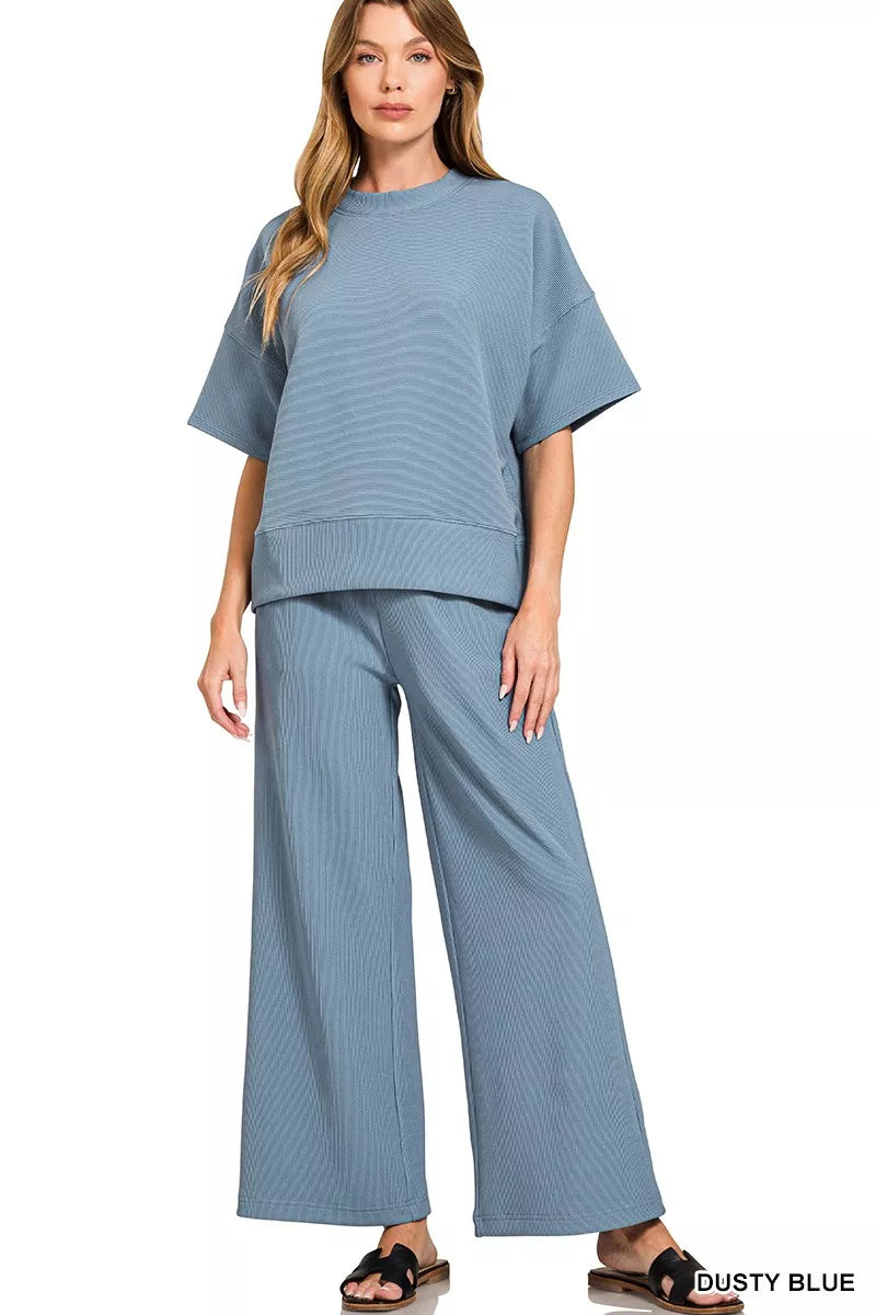 Women’s Two-Piece Blue Ribbed Lounge Set with Wide-Leg Pants | JLouren