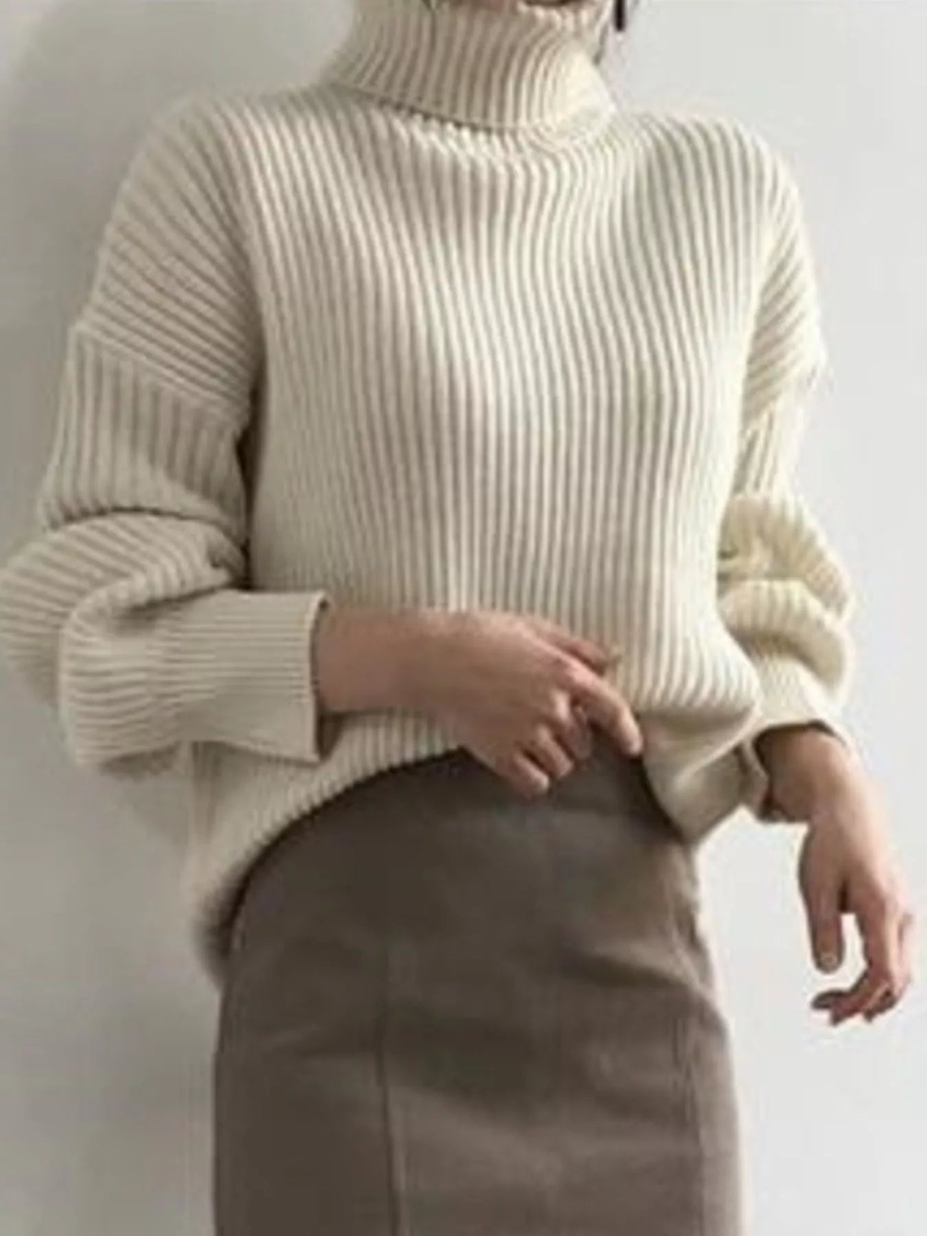 Cream Full Size Ribbed Knit Oversized Turtleneck Sweater
