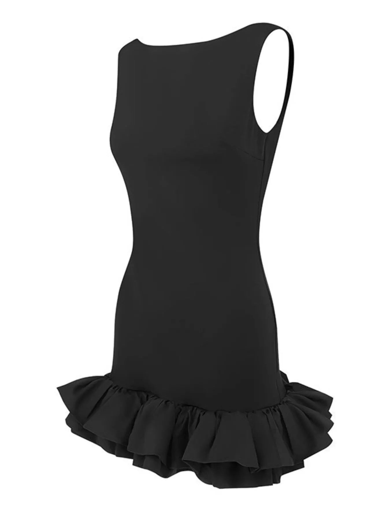 Women’s Sleeveless Black Bodycon Mini Dress with Ruffle Hem
