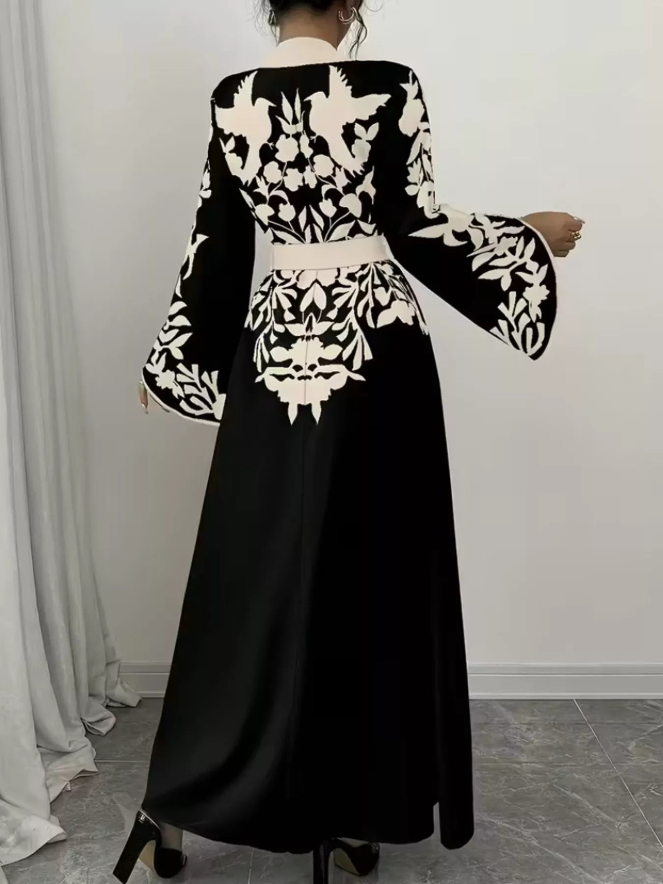 Women Printed Tie Waist Long Sleeve Maxi Dress | Jlouren