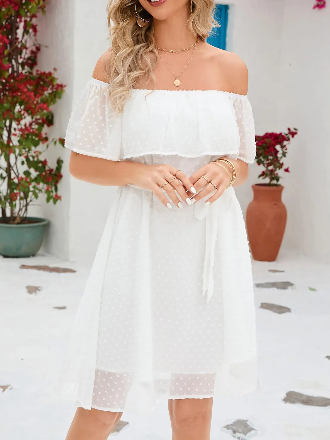 White Off Should Short Sleeve Mini Dress