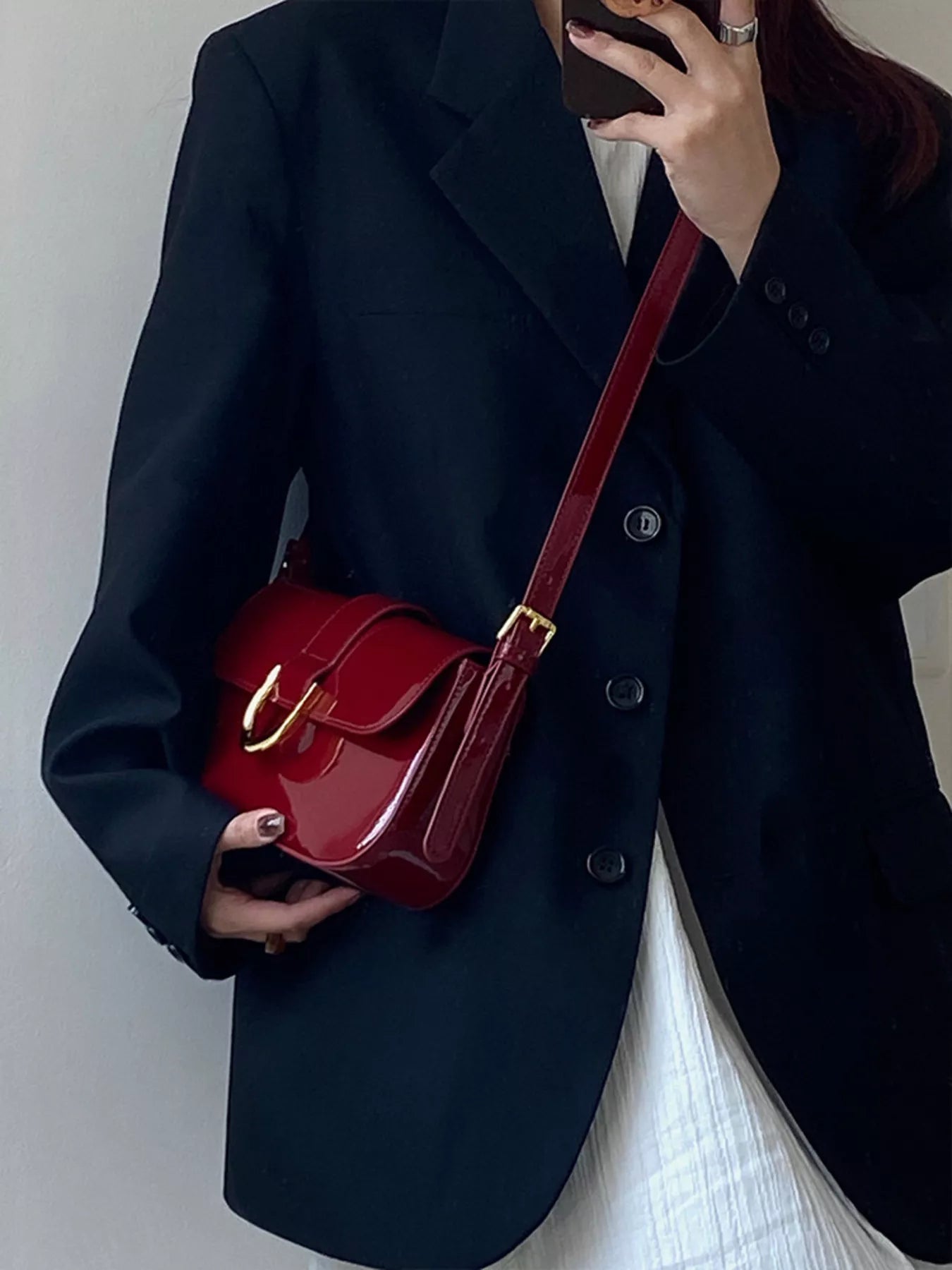 Red Adjustable Strap Leather Crossbody Bag | Jlouren