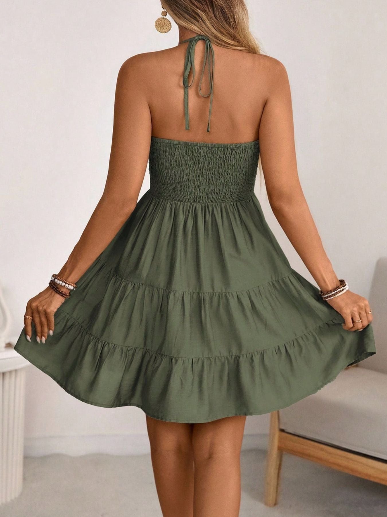 Women Flowy Halter Neck Tiered Summer Dress