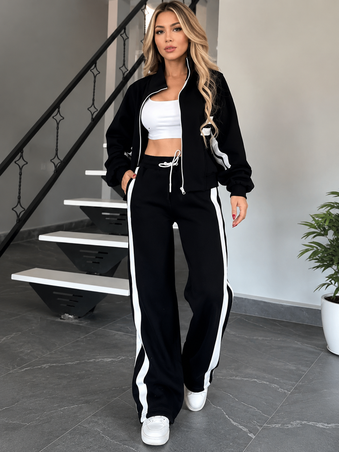 Women’s Contrast Stripe Zip-Up Jacket & Wide Leg Pants Set