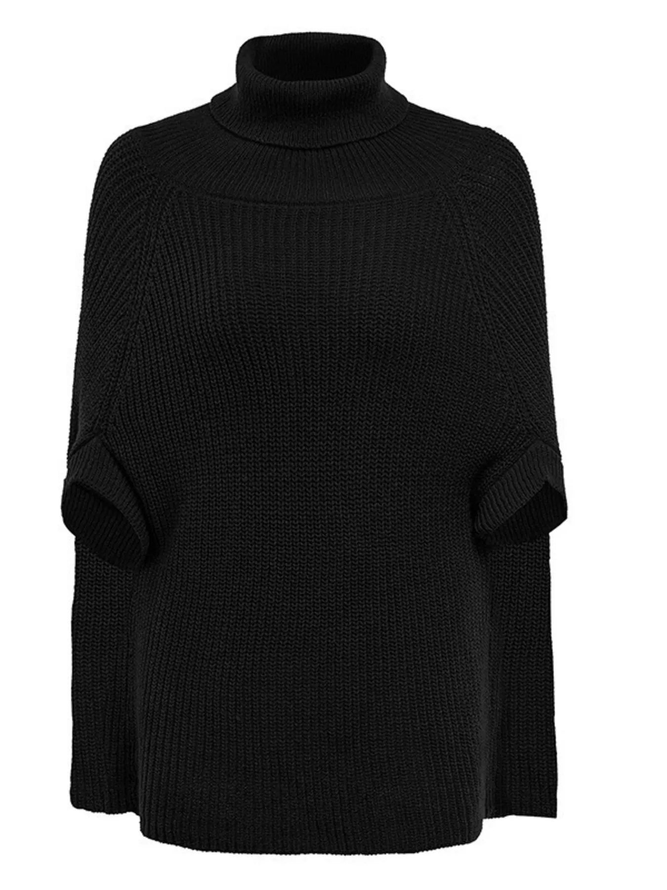 Black Full Size Cape Turtleneck Knitted Sweater Women