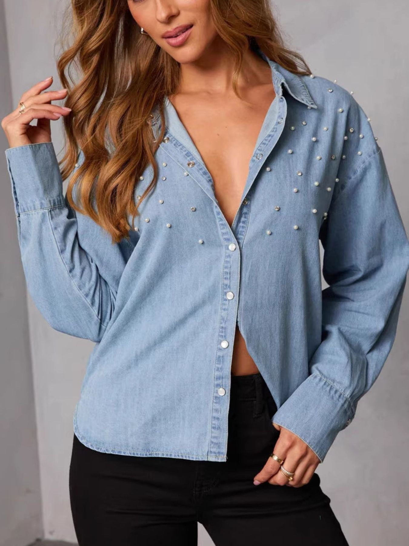 Pearl Embellished Button-Up Denim Shirt – Chic Statement Denim Top for Women | JLouren