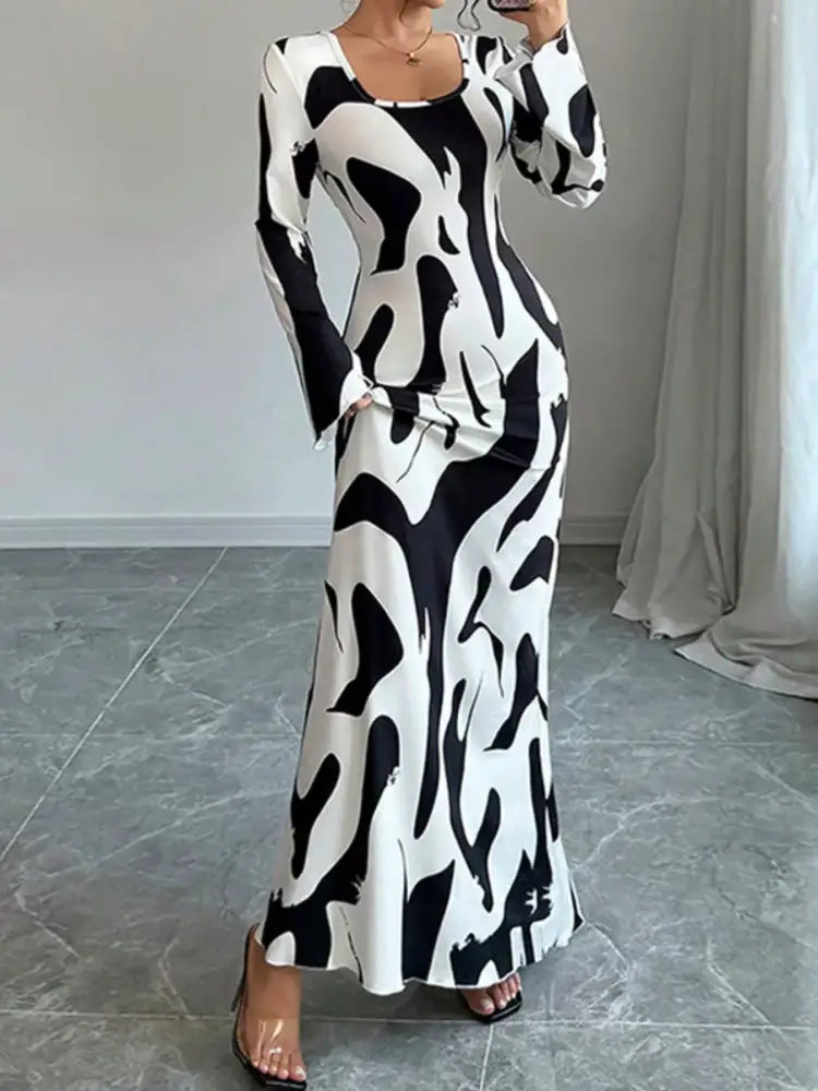 Abstract Print Long Sleeve Maxi Dress - JLouren Abstract Print Long Sleeve Maxi Dress - JLouren