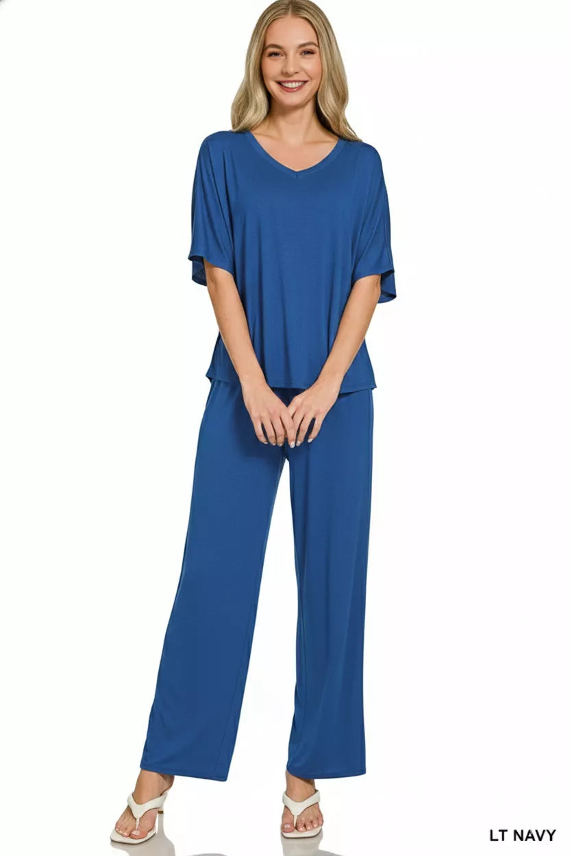 Women’s Blue Two-Piece Lounge Set Relaxed Top & Wide Leg Pants | JLouren