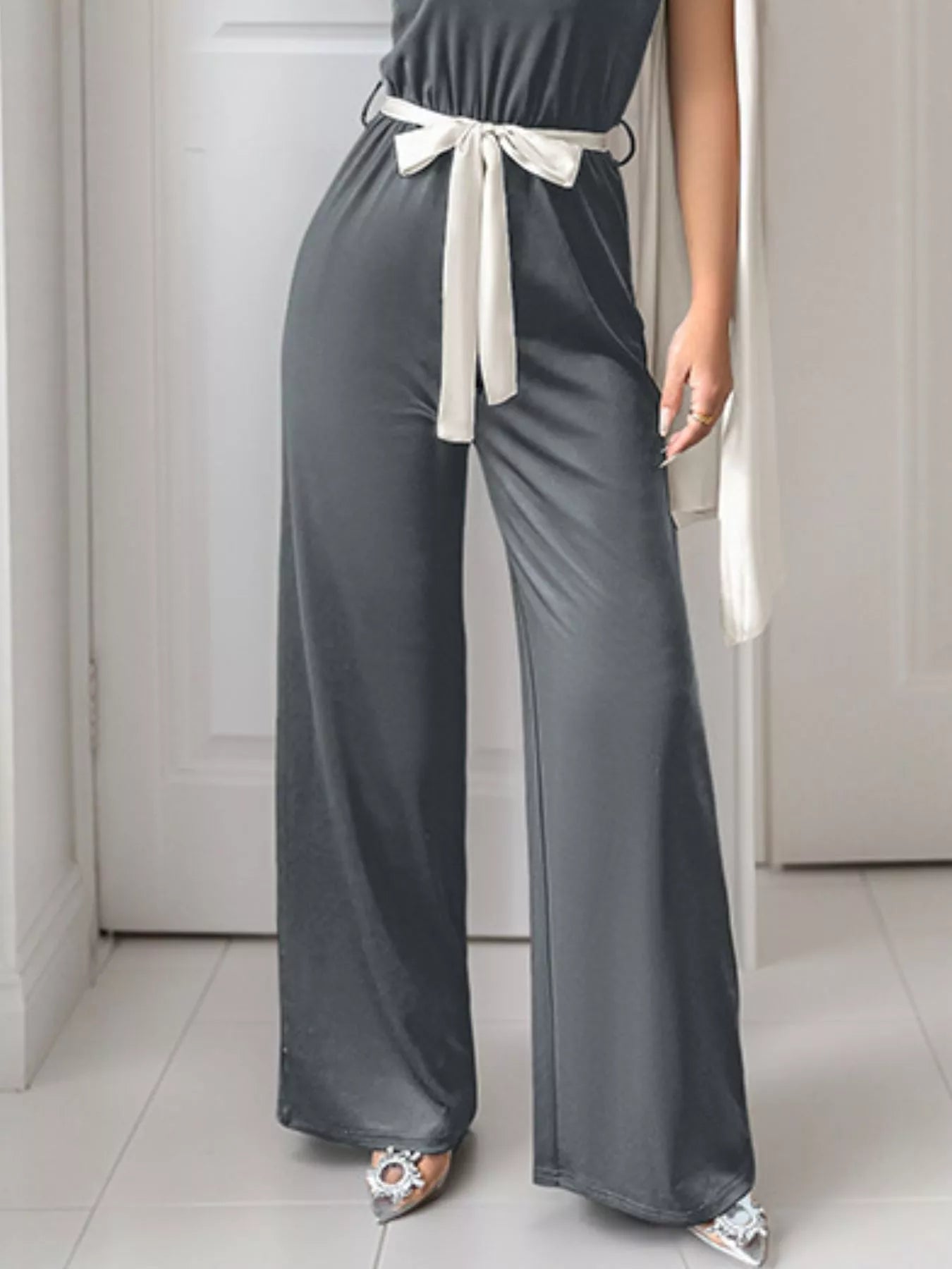 Gray One-Shoulder Bowknot Wide Leg Jumpsuit Women