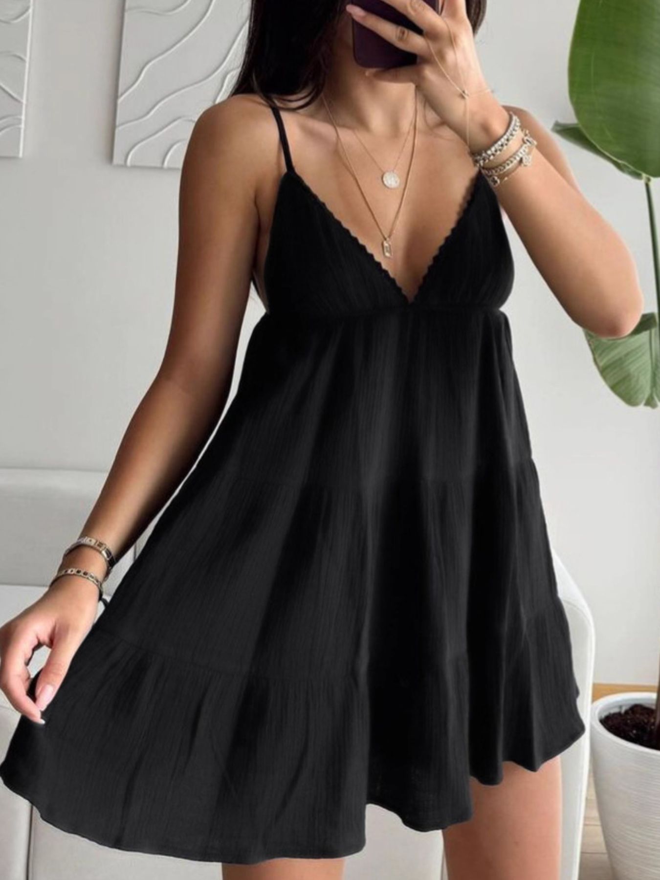 Black Women’s V-Neck Tiered Mini Dress – Flowy Lightweight Summer Dress with Ruffle Detail