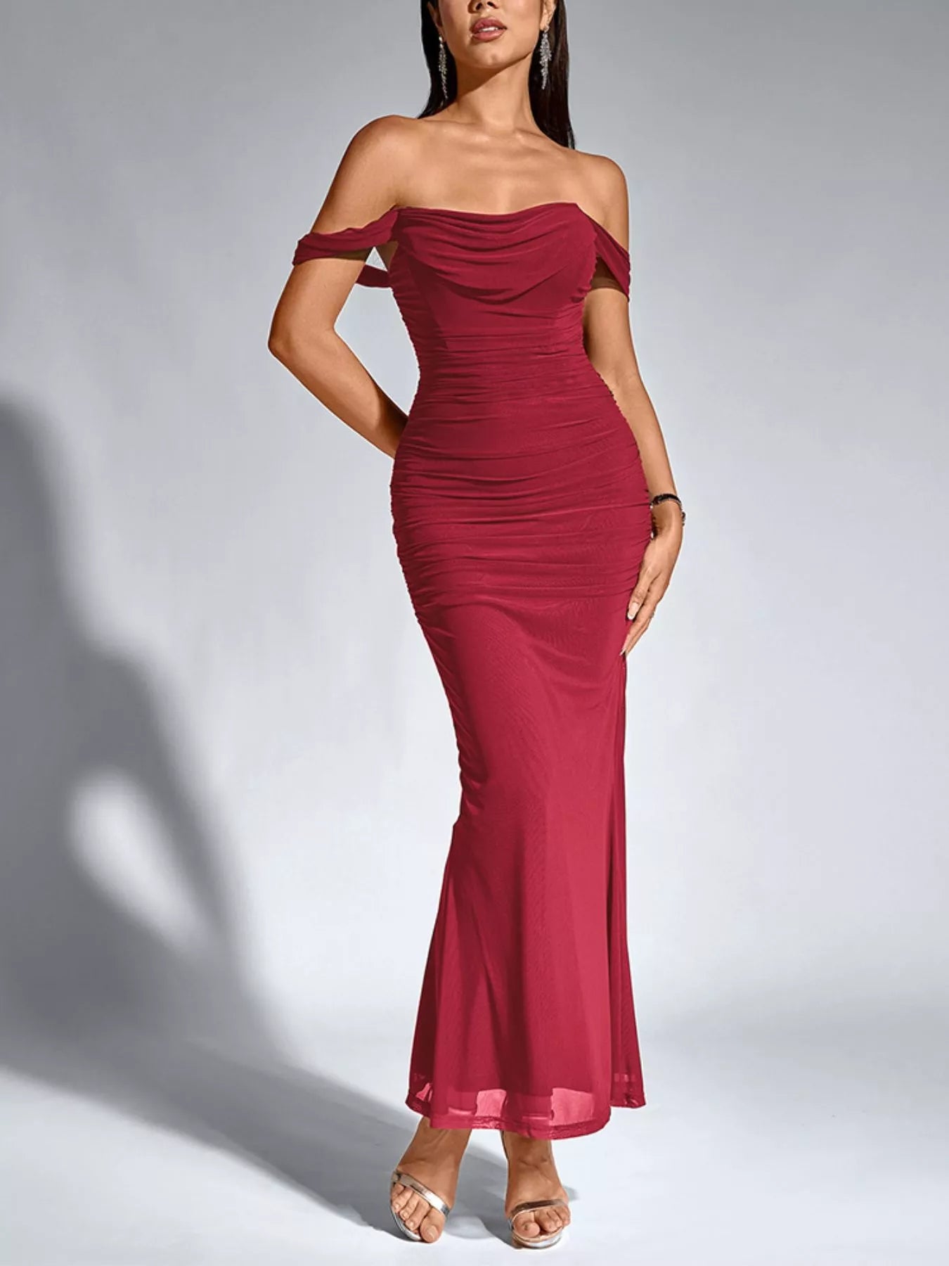 Burgundy Off-Shoulder Ruched Mermaid Maxi Dress | Jlouren