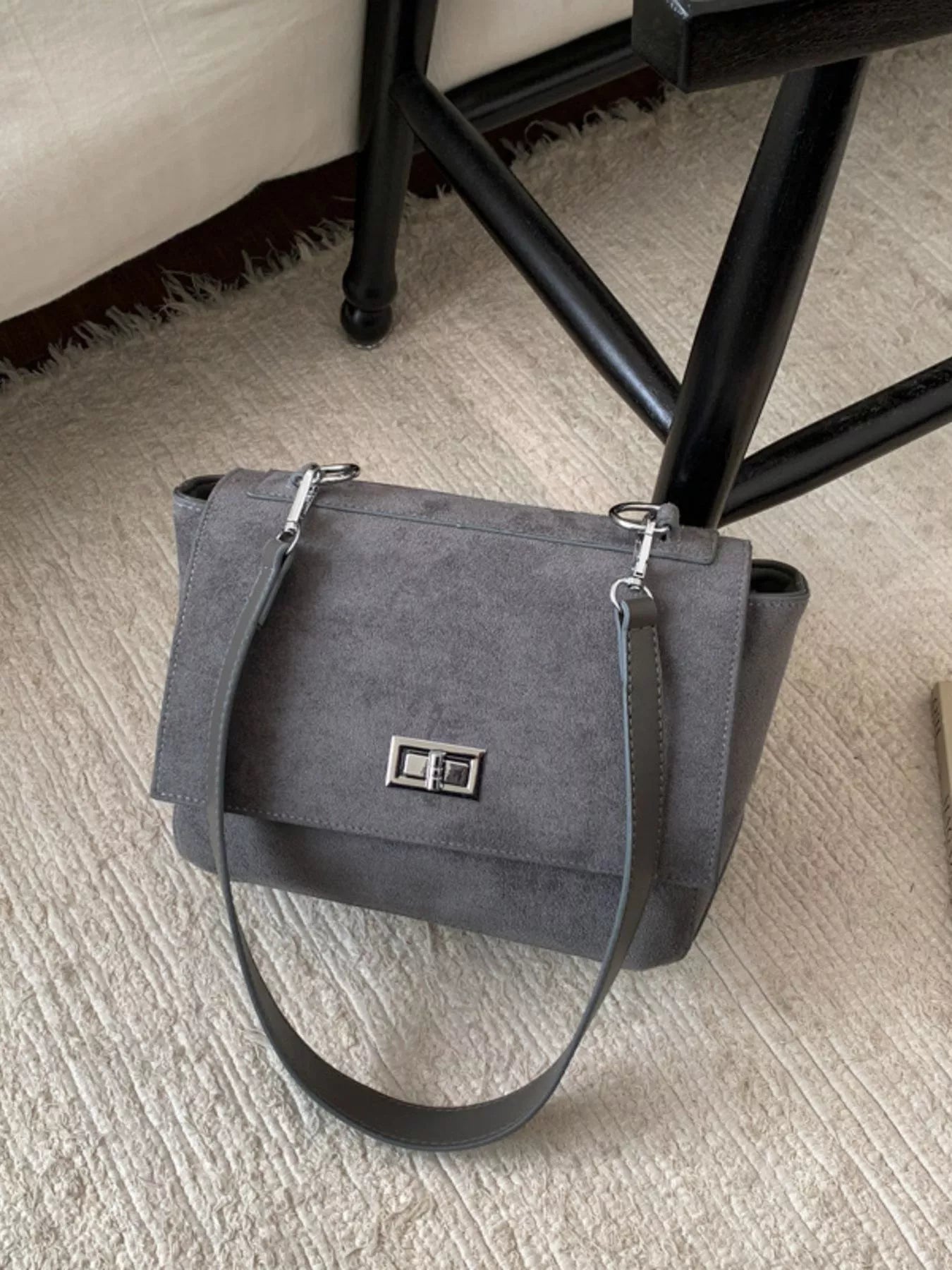 Black Suede Flap Crossbody Bag for Women