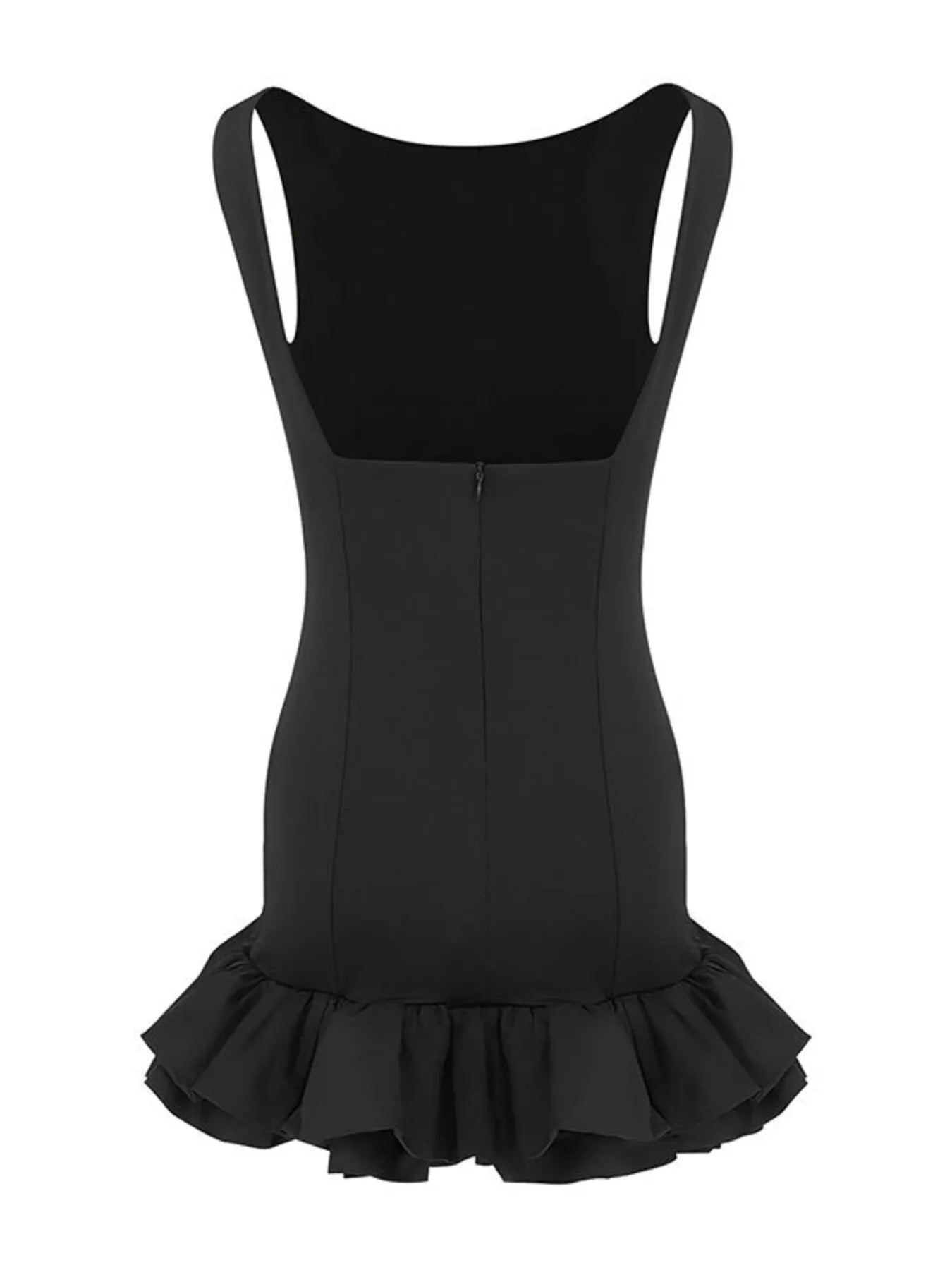 Women’s Sleeveless Black Bodycon Mini Dress with Ruffle Hem